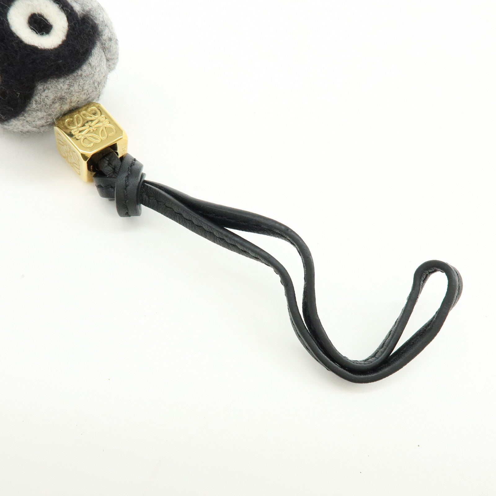 LOEWE Owl Motif Felt Calf Leather Bag Charm Key Holder Gray Black