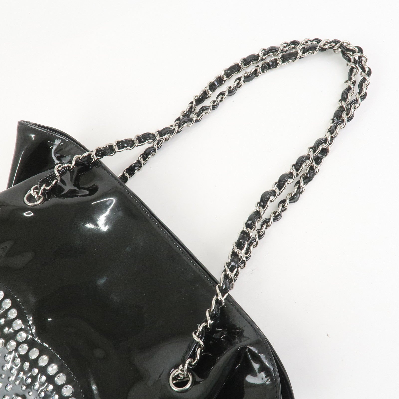CHANEL COCO Mark Patent Leather Rhinestone Tote Bag Black