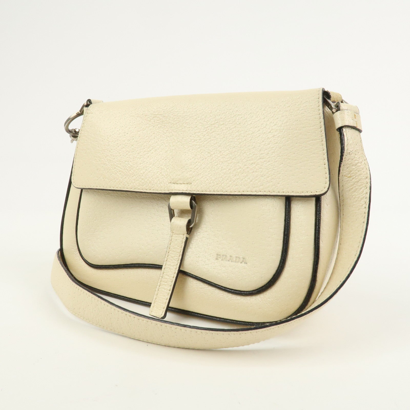 PRADA Logo Leather Shoulder Bag Hand Bag Ivory