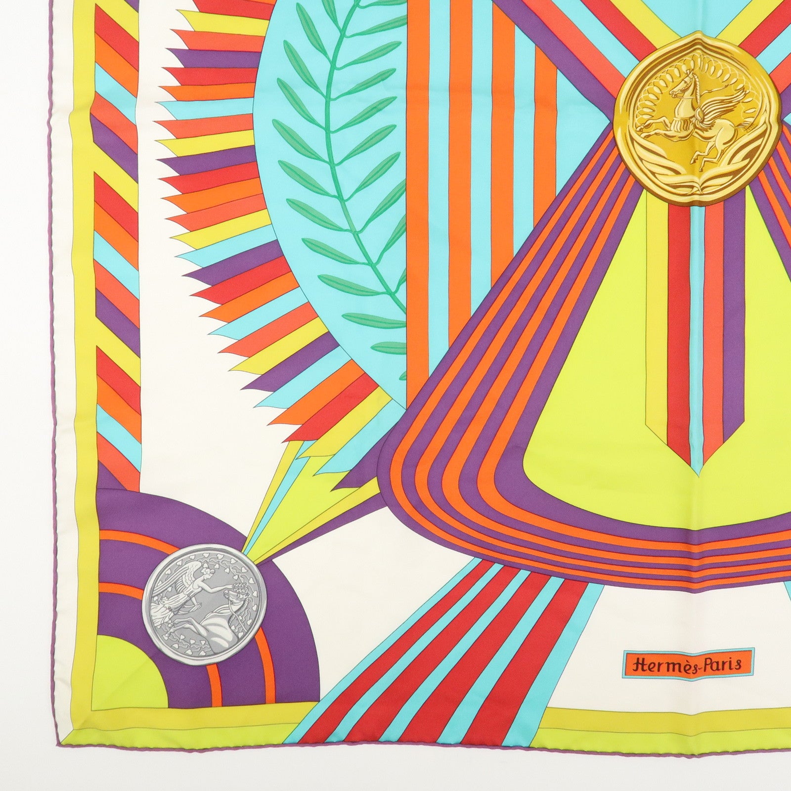 HERMES Carre 90 Silk 100% Scarf JES JEUX D'HERMES White Multicolor