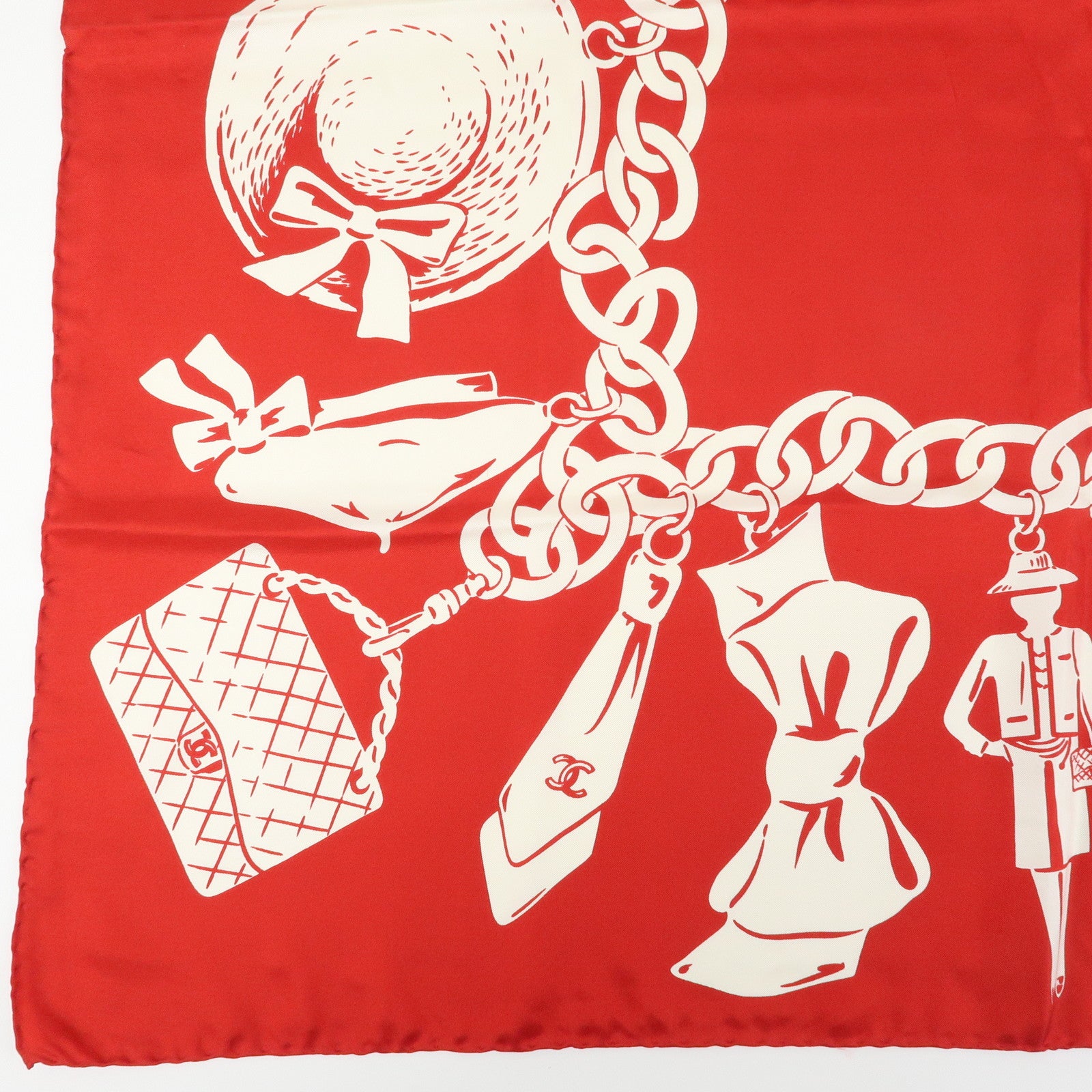 CHANEL Silk 100% Scarf Matelasse Bag Motif Red White