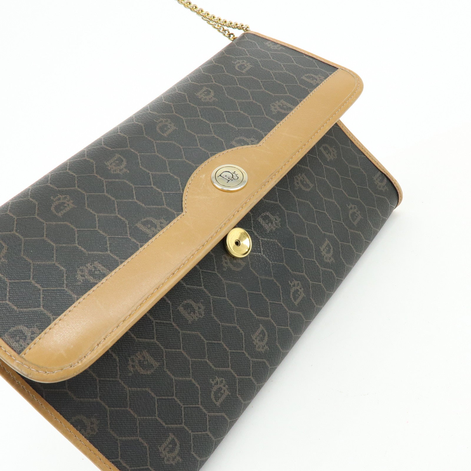 Christian Dior Honeycomb PVC Leather Chain Shoulder Bag Brown