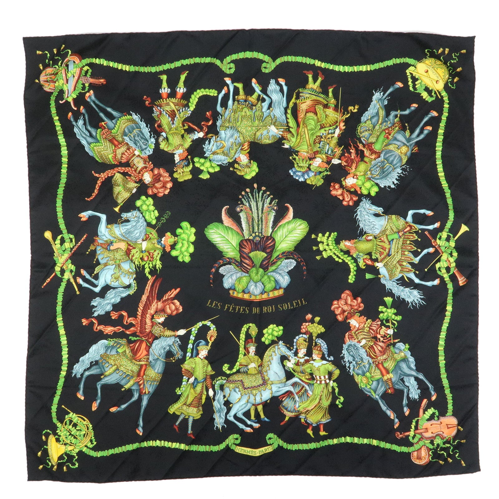 HERMES Carre 90 Silk 100% Scarf LES FETES DU ROI SOLEIL Black