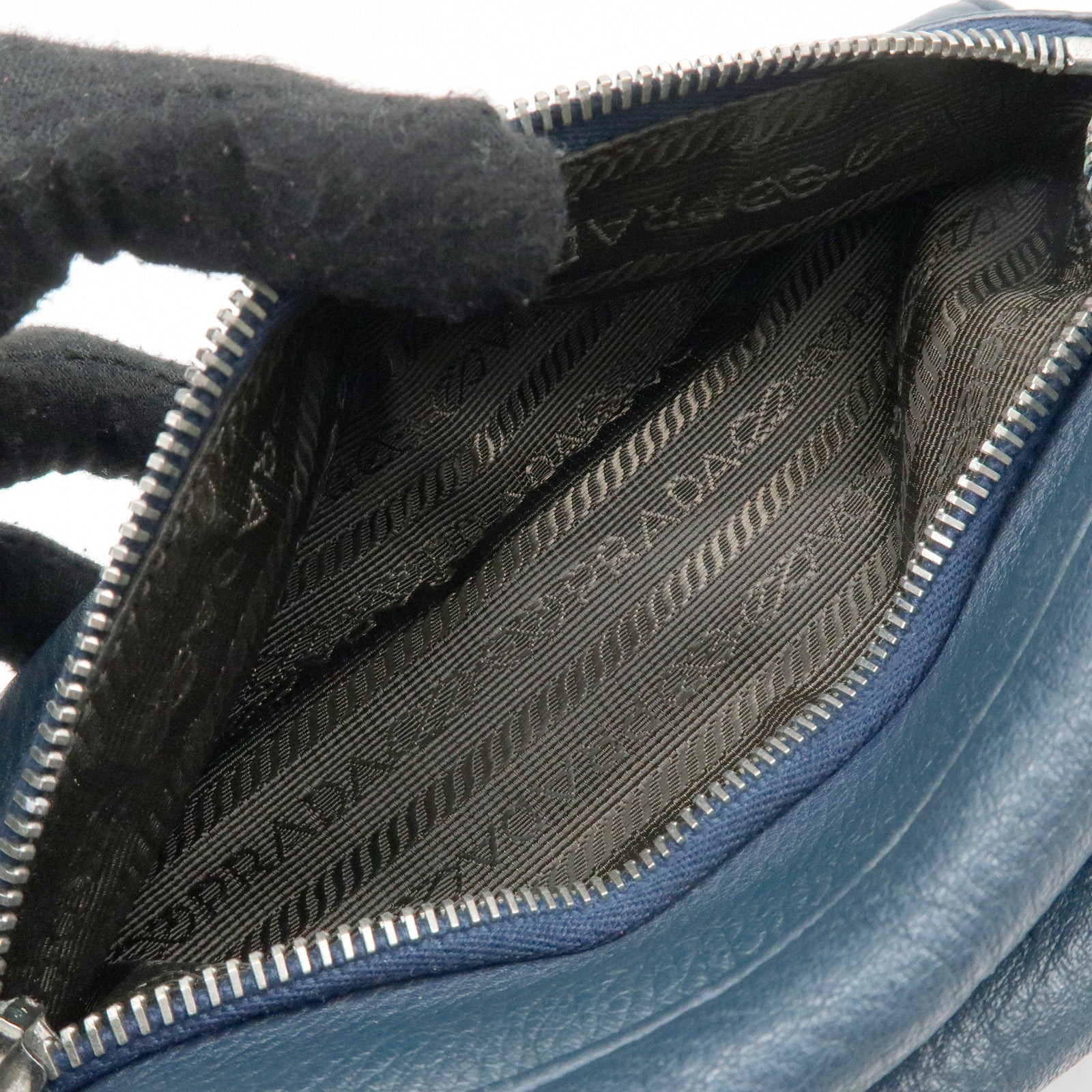 PRADA Triangle Logo Leather Cosmetic Pouch Accessory Pouch Navy