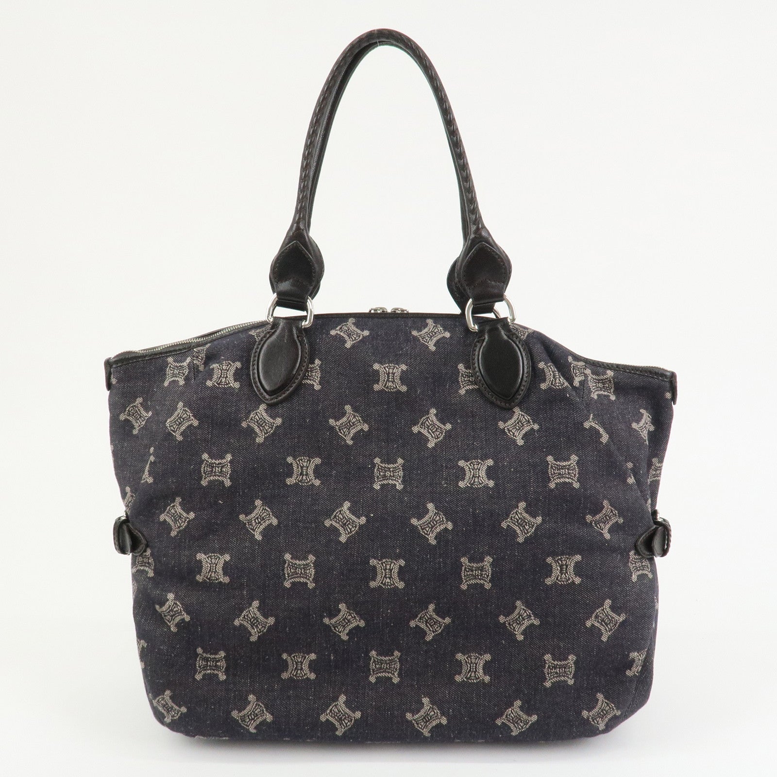 CELINE Macadam Denim Leather Tote Bag Hand Bag Navy Dark Brown
