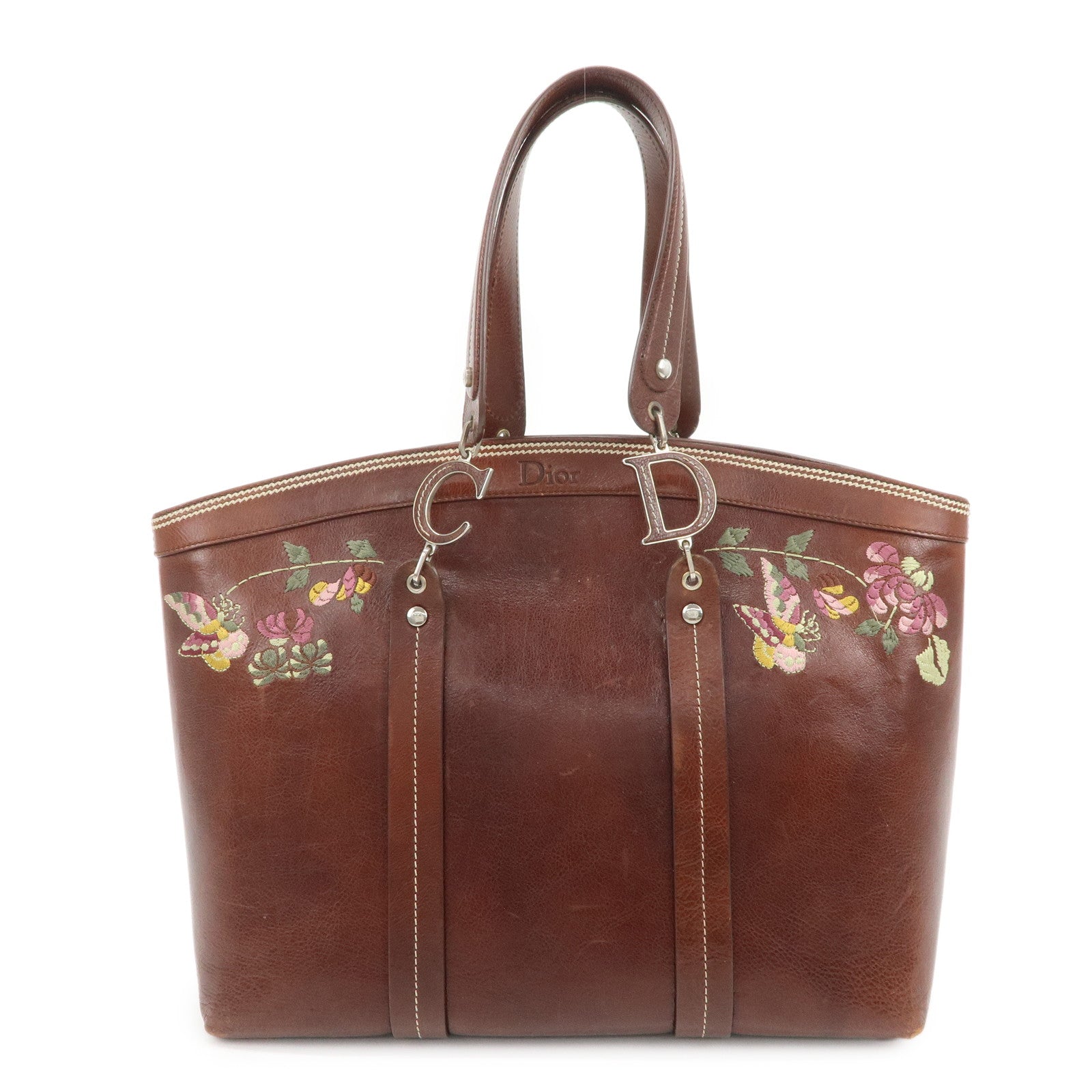 Christian Dior Leather Flower Embroidery Tote Shoulder Bag Brown