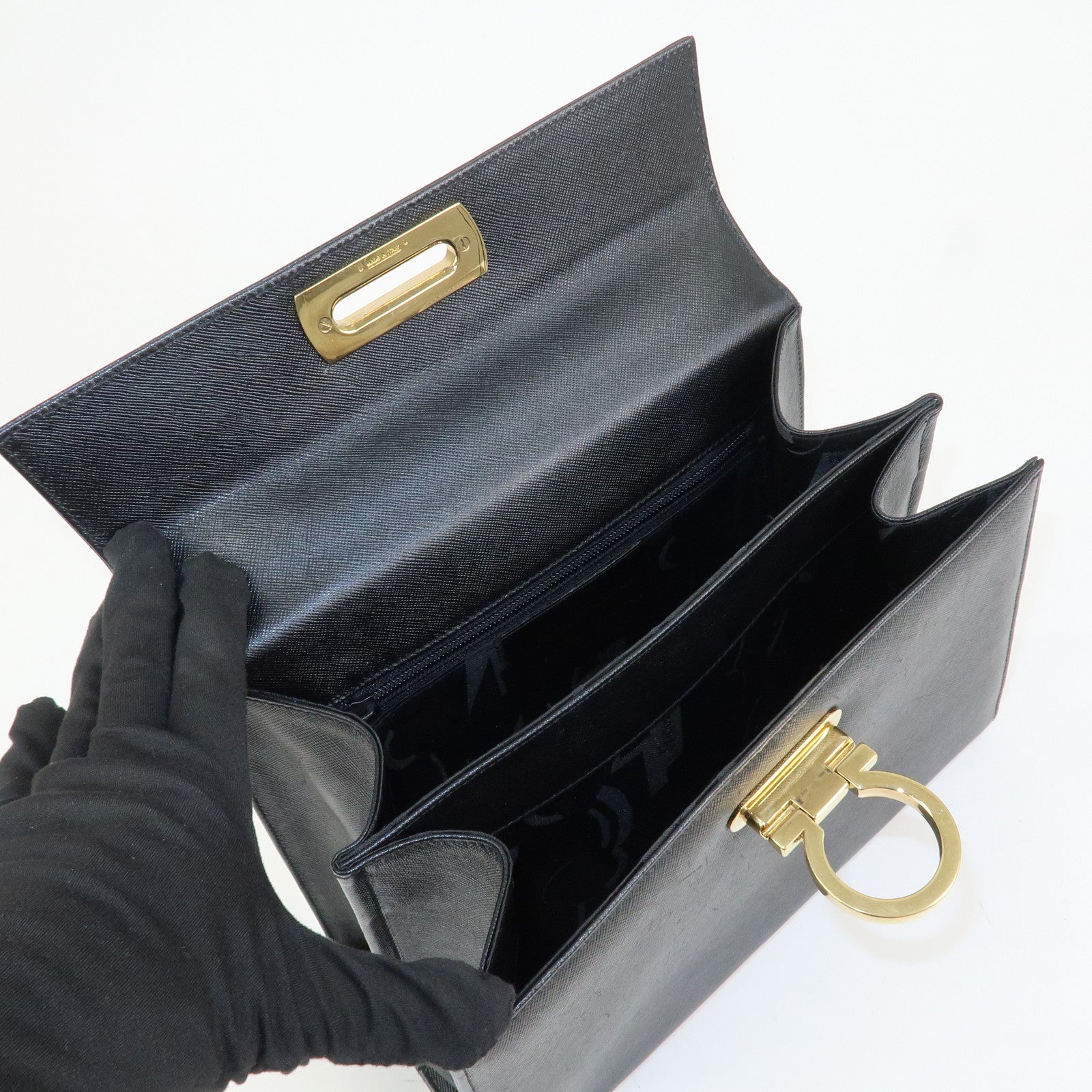 Ferragamo Gancini Leather 2Way Bag Shoulder Bag Hand Bag Black