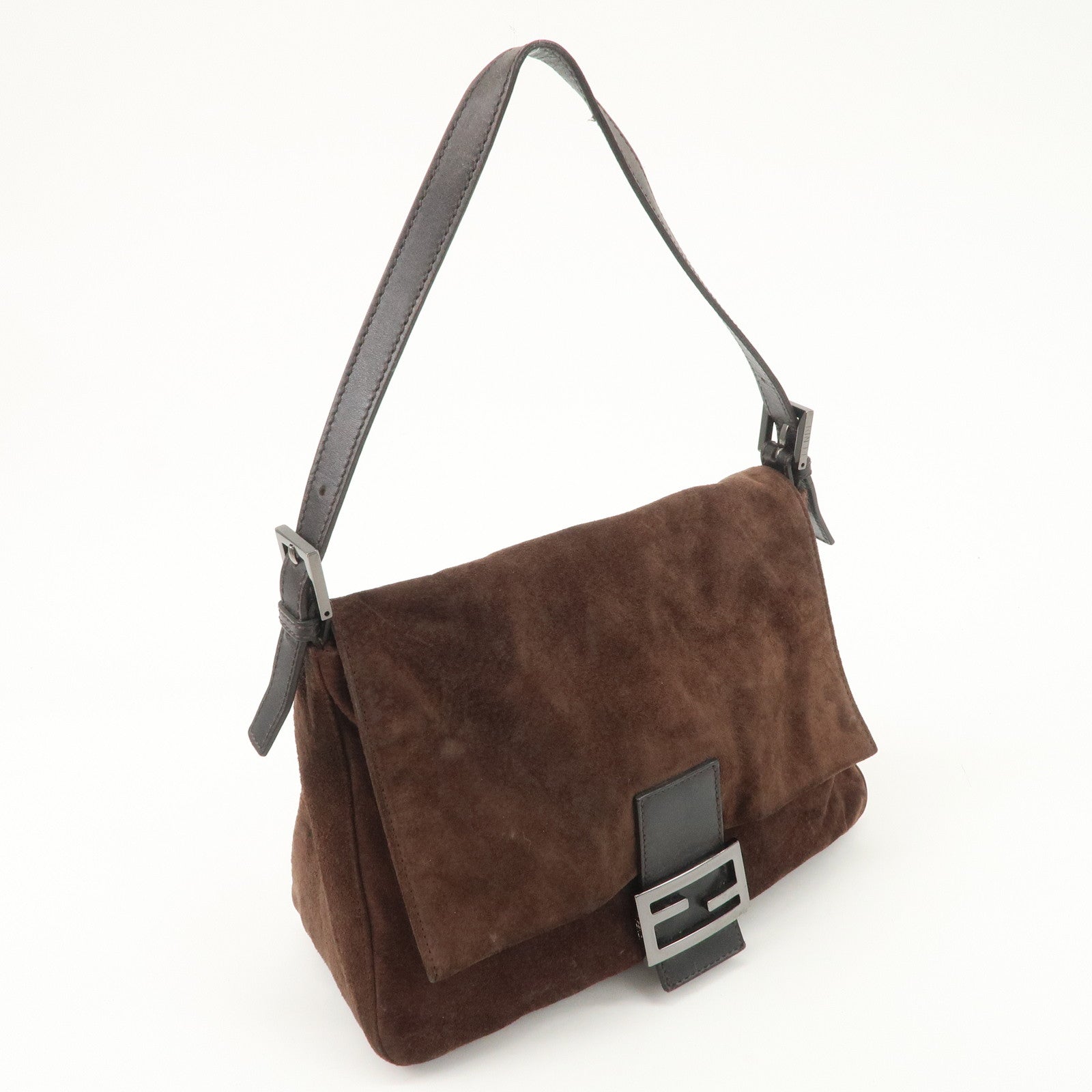 FENDI Mamma Baguette Suede Shoulder Bag Dark Brown 8BR001 Used