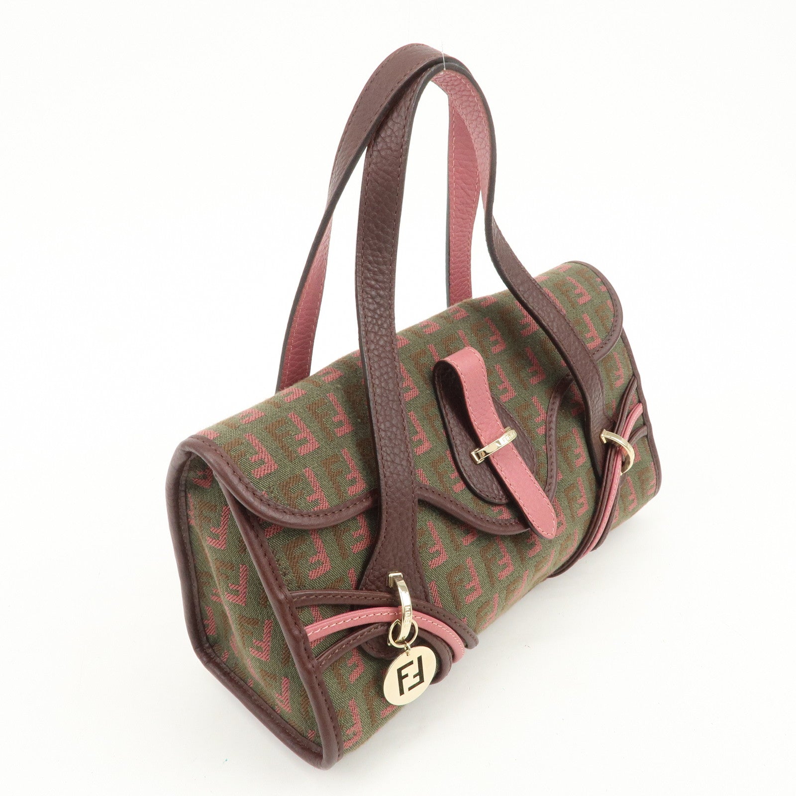 FENDI Zucchino Logo Canvas Leather Hand Bag Brown Pink 8BN147