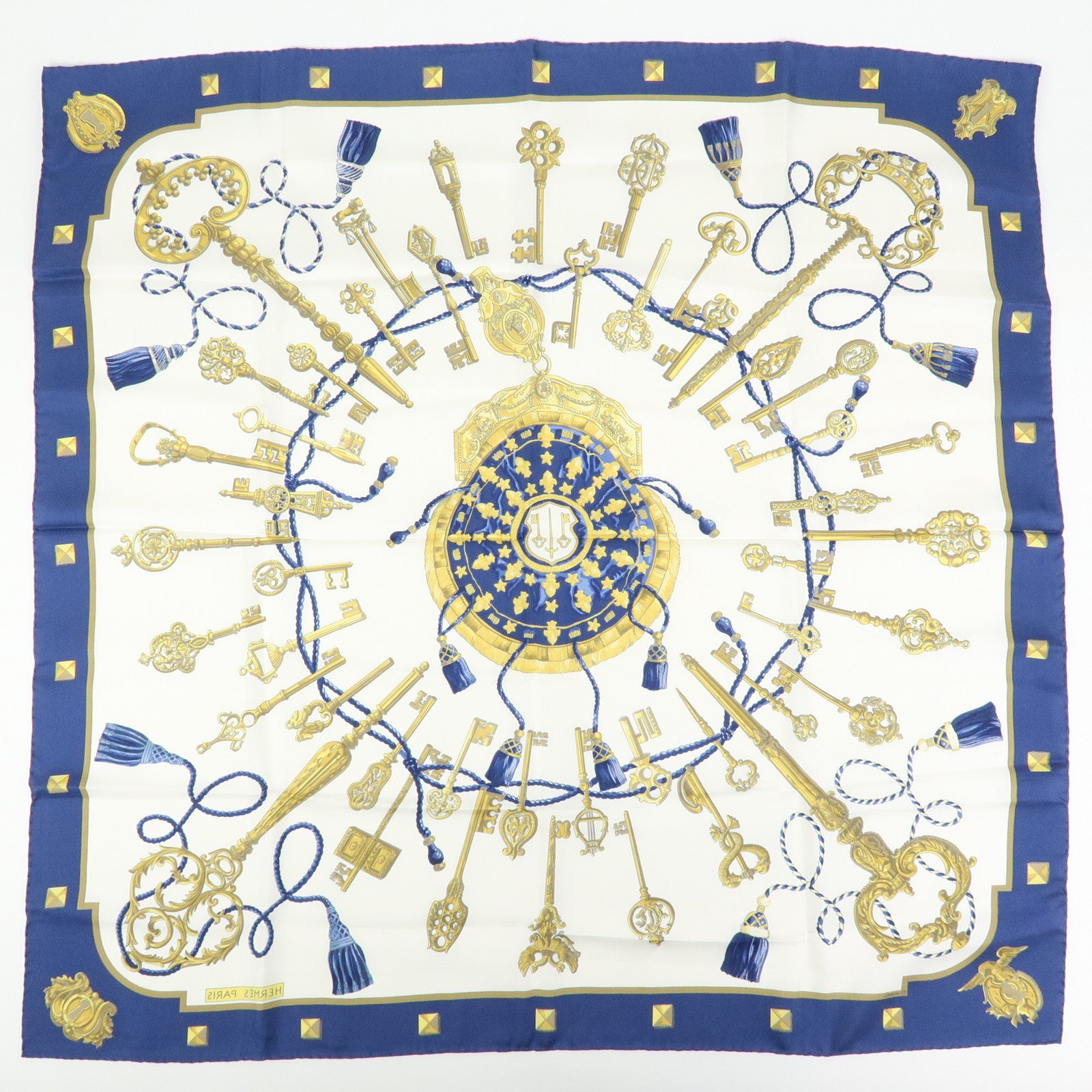 HERMES Carre 90 Silk 100% Scarf LES CLES THE KEYS RARE White Navy