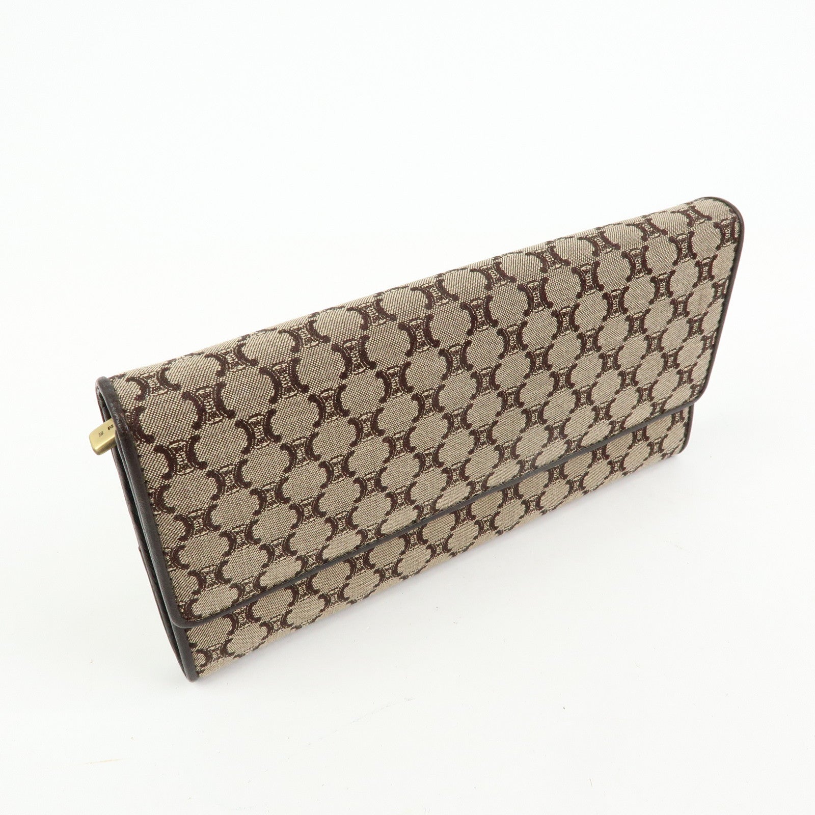 CELINE Macadam Canvas Leather Flap Long Wallet Beige Brown
