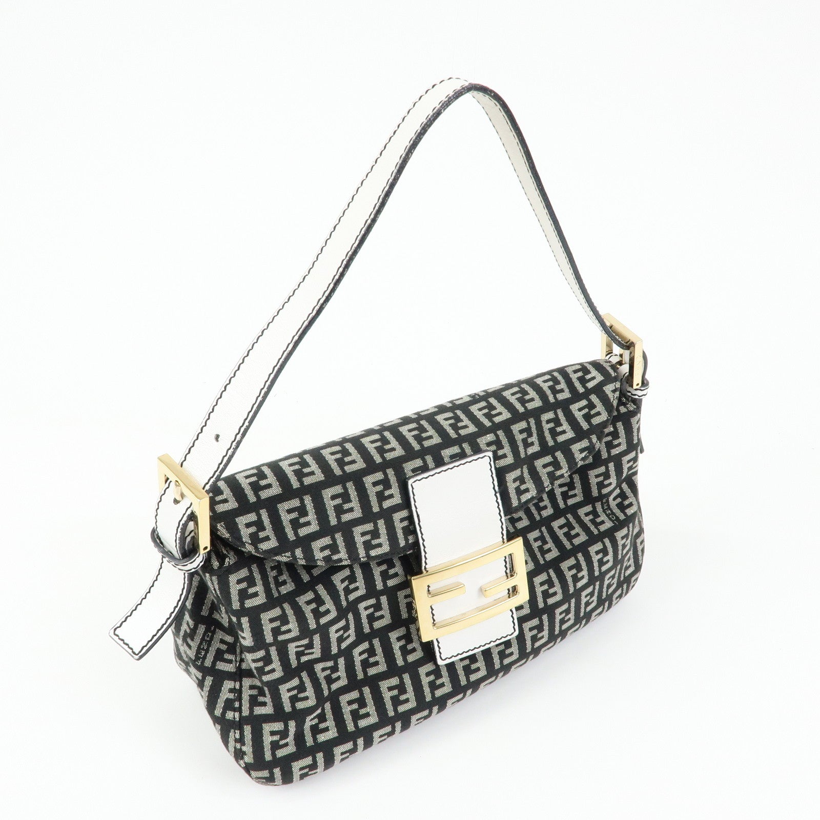 FENDI Zucchino Canvas Leather Shoulder Hand Bag Black White 8BR003