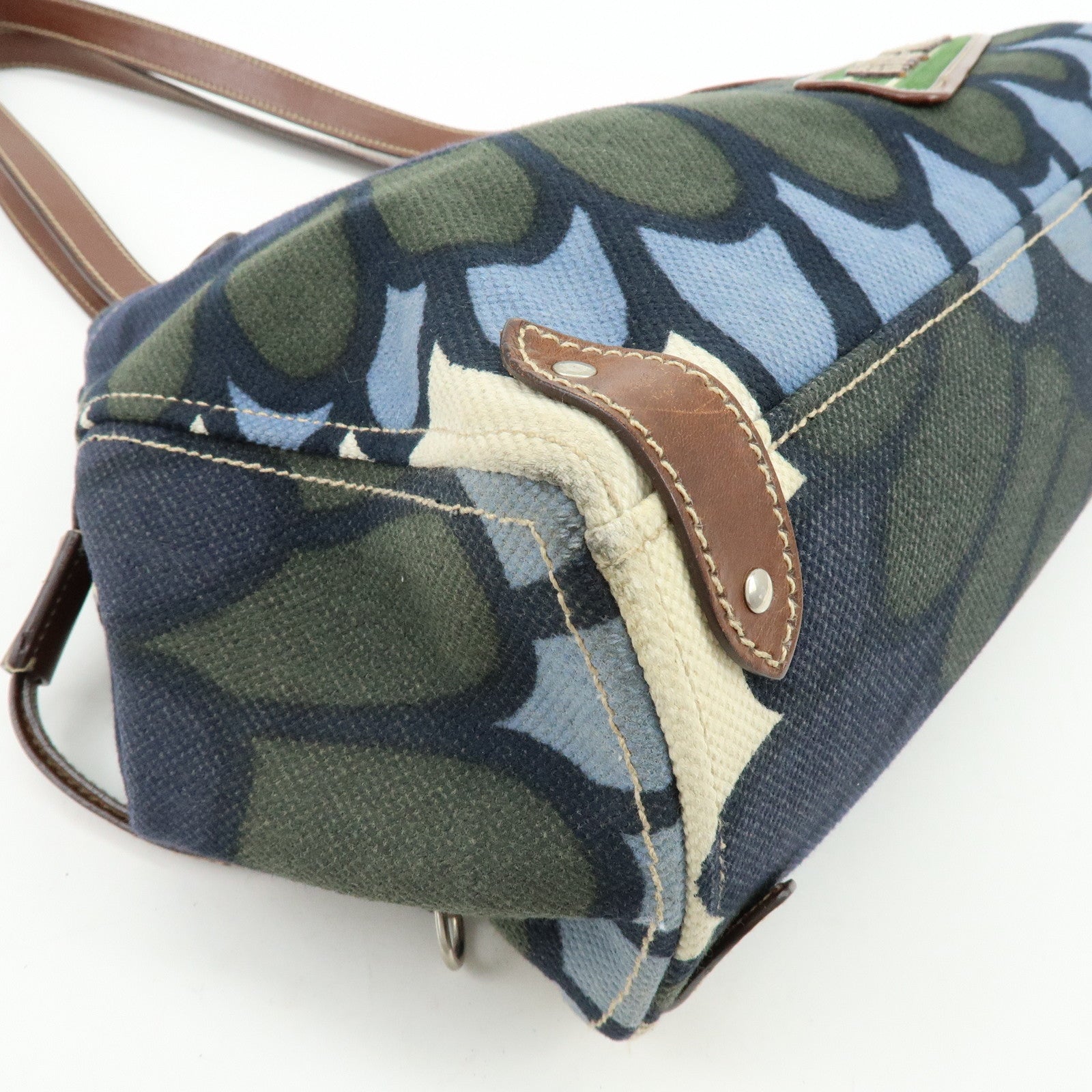 MIU MIU Canvas Leather Tote Bag Shoulder Bag Flower Motif Navy