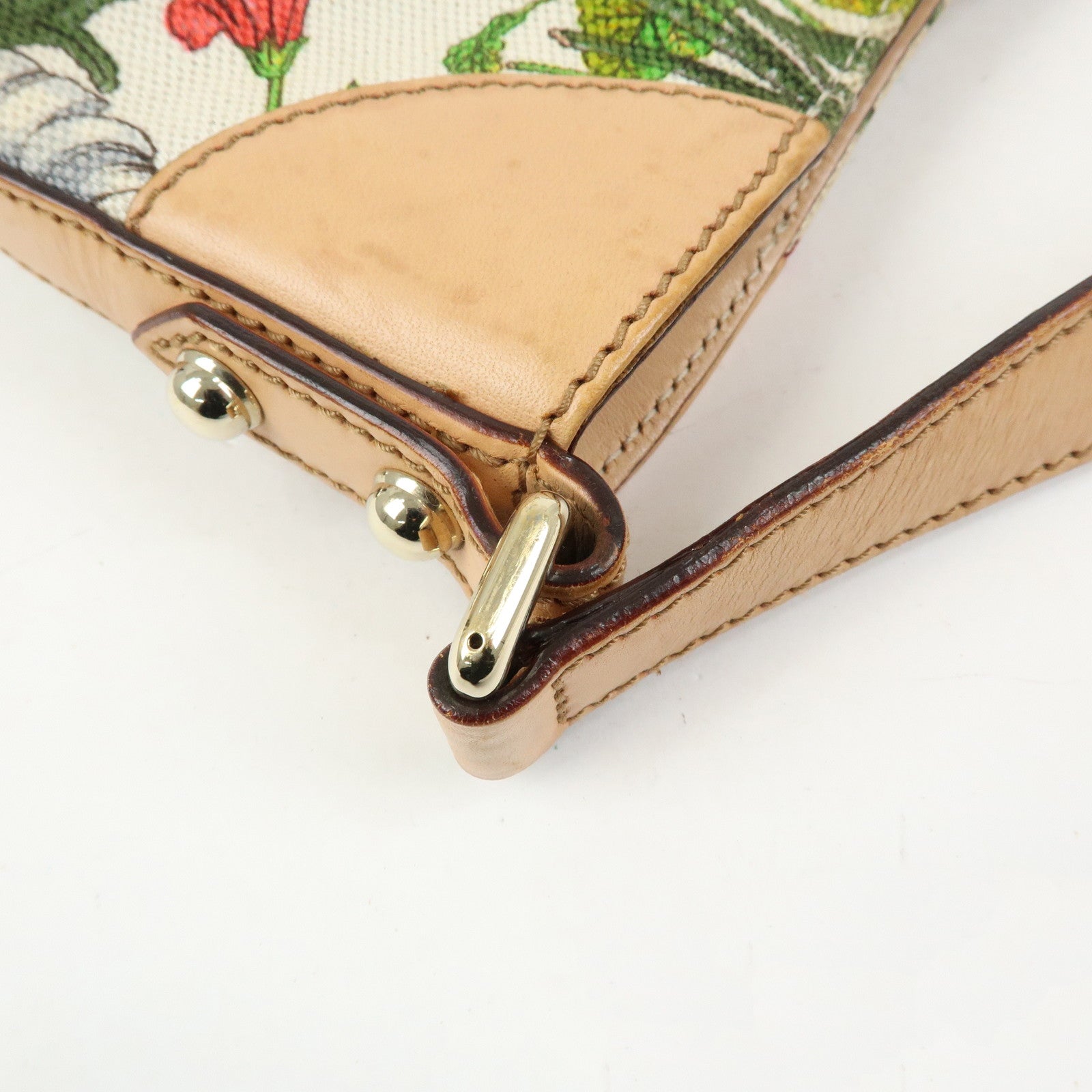 GUCCI Horsebit Flora Leather Canvas Shoulder Bag Beige White 137388