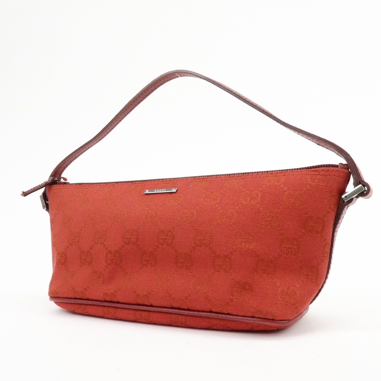 GUCCI Boat Bag GG Canvas Leather Accessory Pouch Hand Bag Red 07198