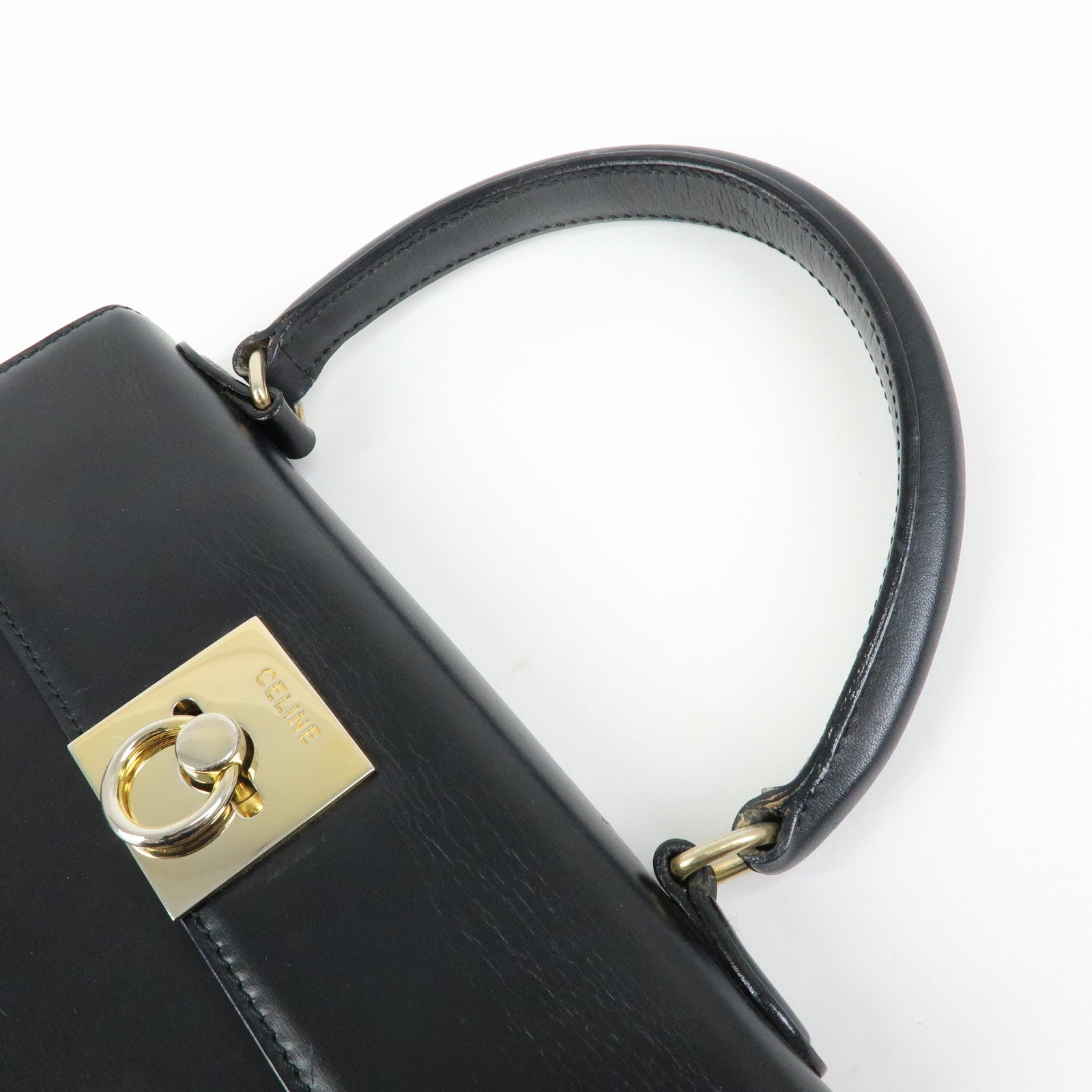 CELINE Leather Top Handle 2Way Hand Bag Shoulder Bag Black