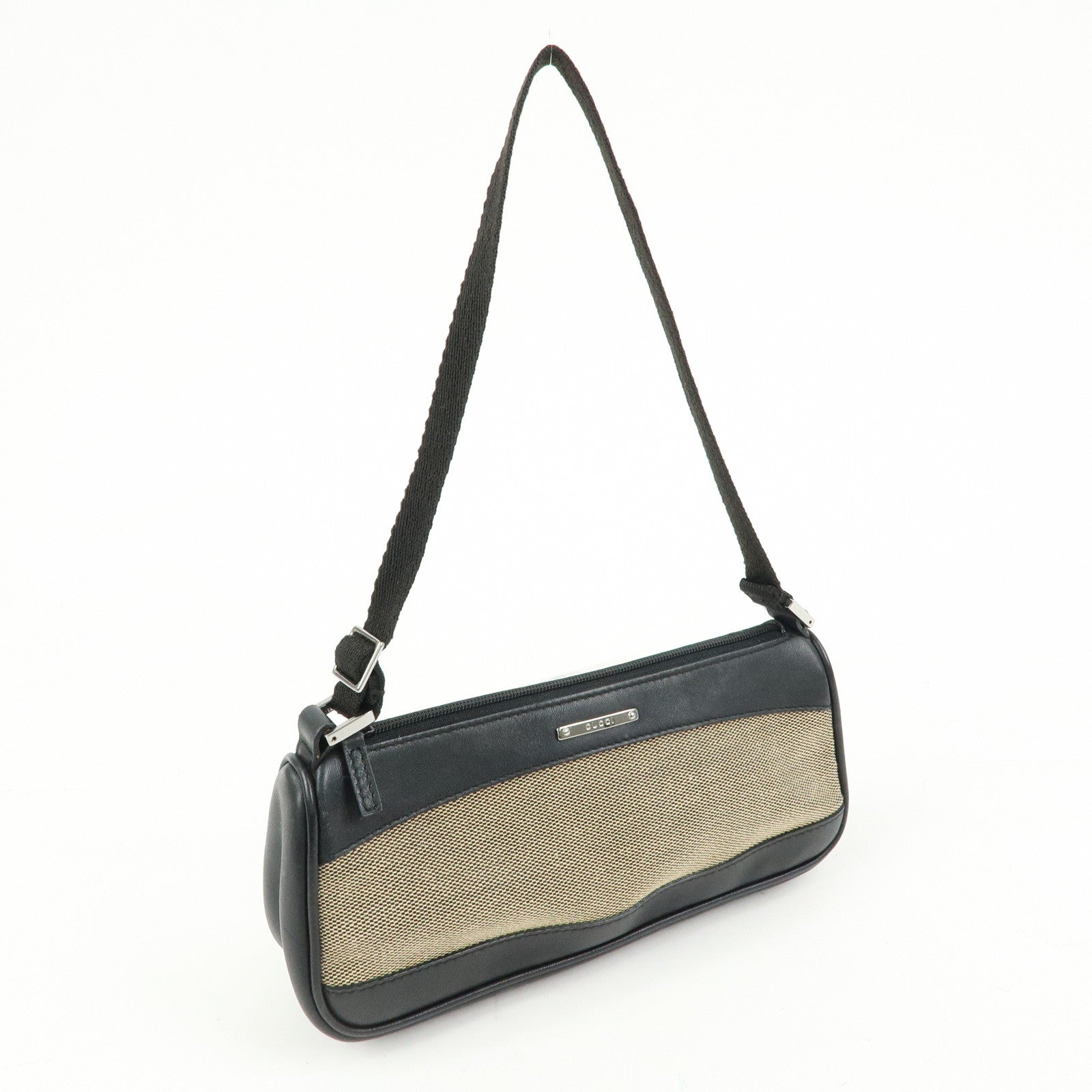 GUCCI Logo Canvas Leather Small Hand Bag Black Beige 92820