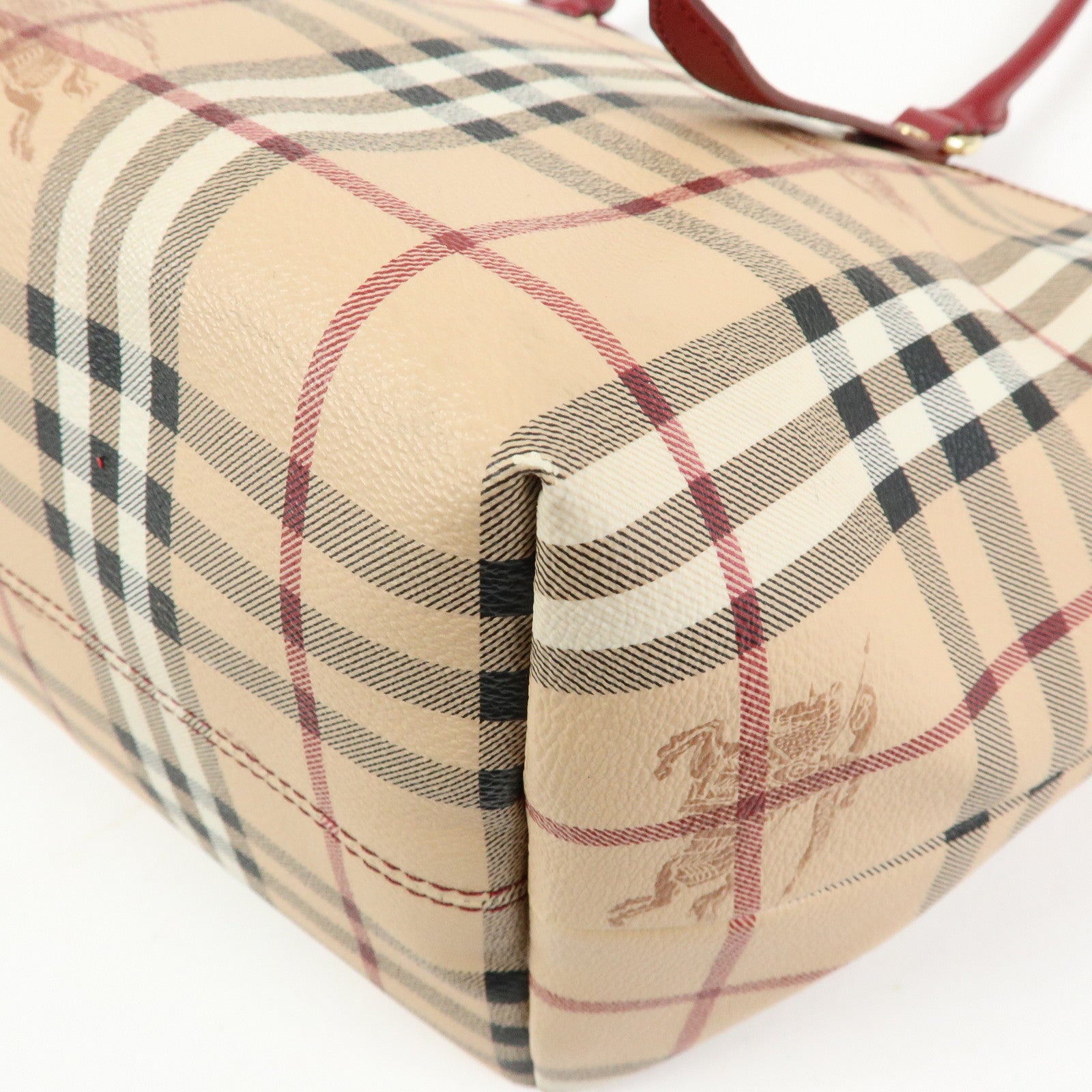 BURBERRY Nova Plaid PVC Leather Tote Bag Hand Bag Beige Red
