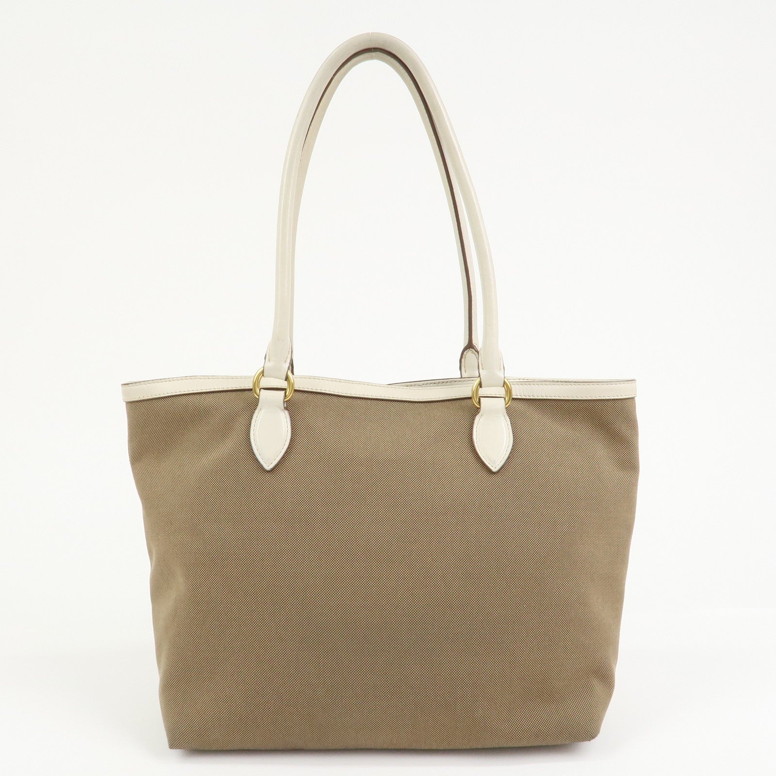 PRADA Logo Jacquard Leather Tote Bag Hand Bag Beige Ivory 1BG158