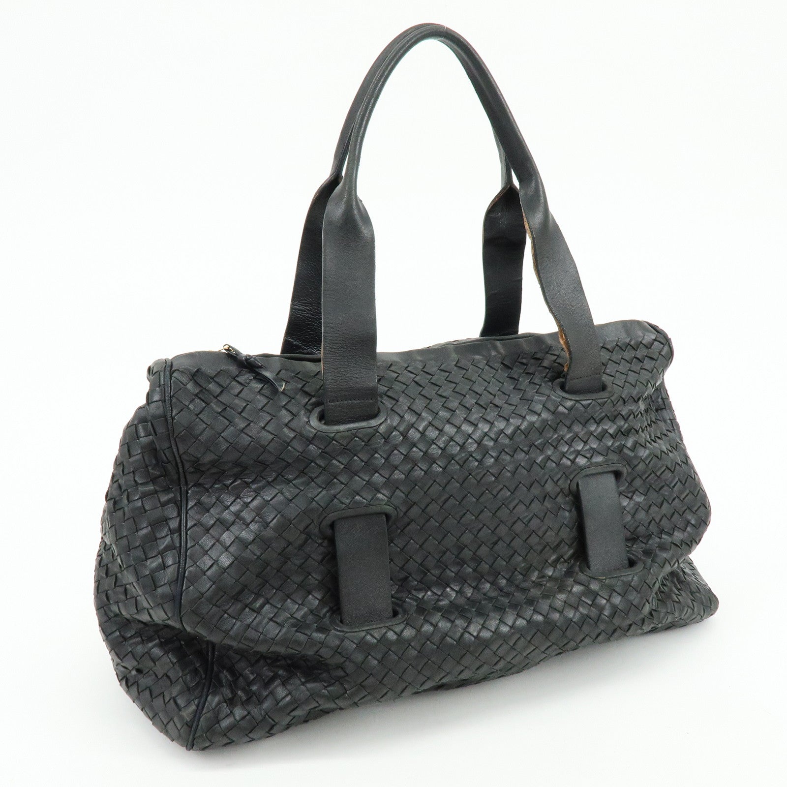 BOTTEGA VENETA Intrecciato Leather Boston Bag Shoulder Bag Black