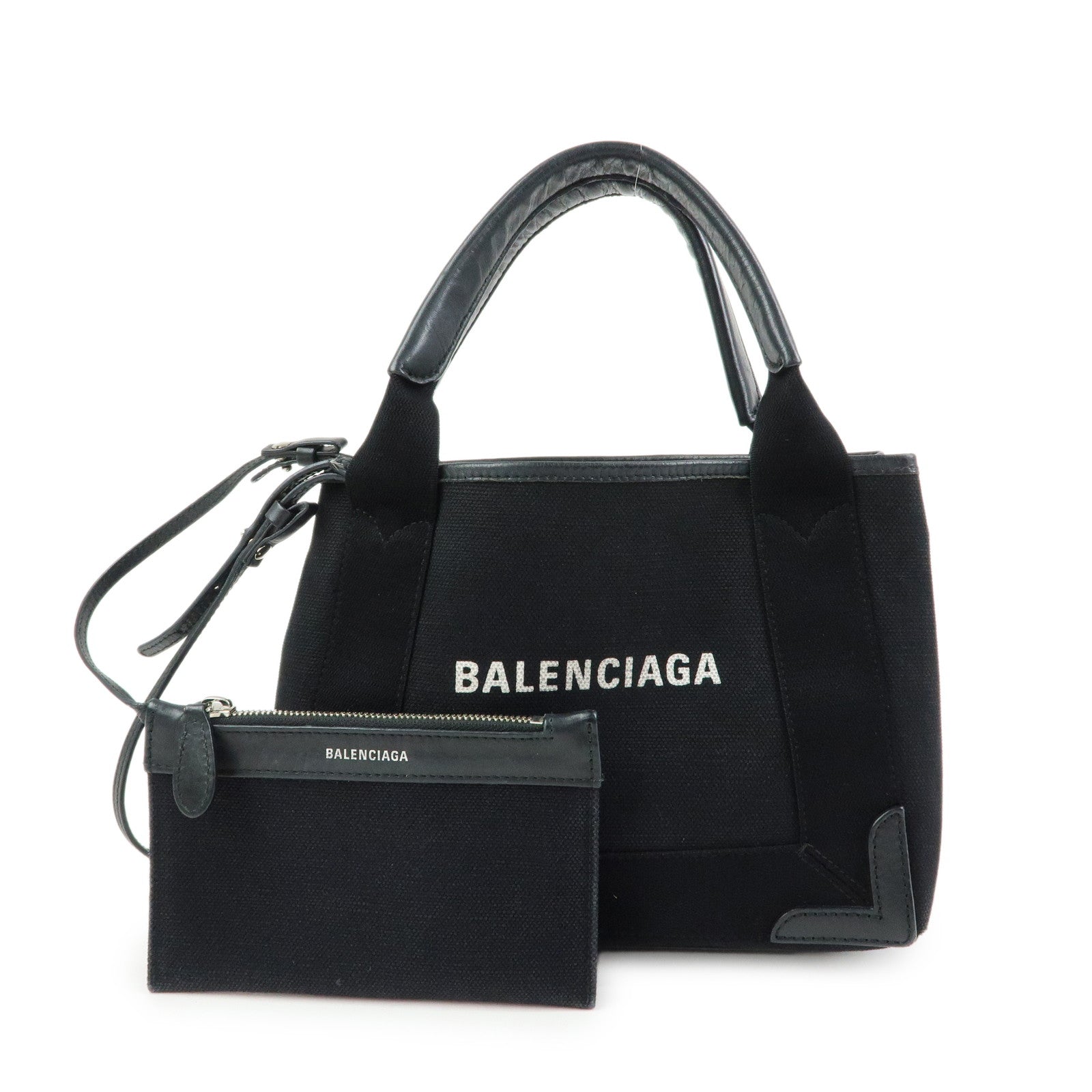 BALENCIAGA Navy Cabas XS Canvas Leather 2Way Bag Black 390346