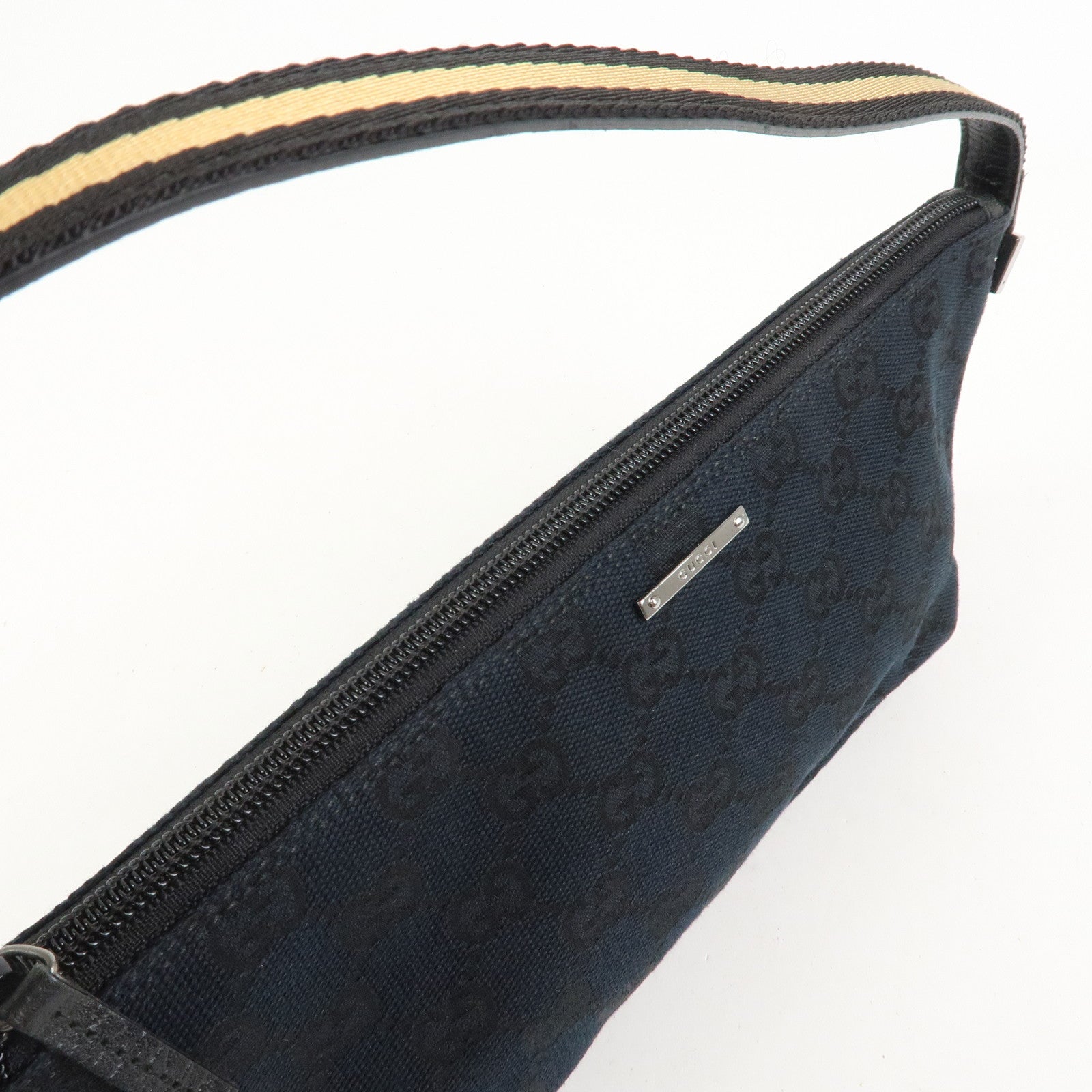 GUCCI Boat Bag Sherry GG Canvas Leather Hand Bag Black 141809