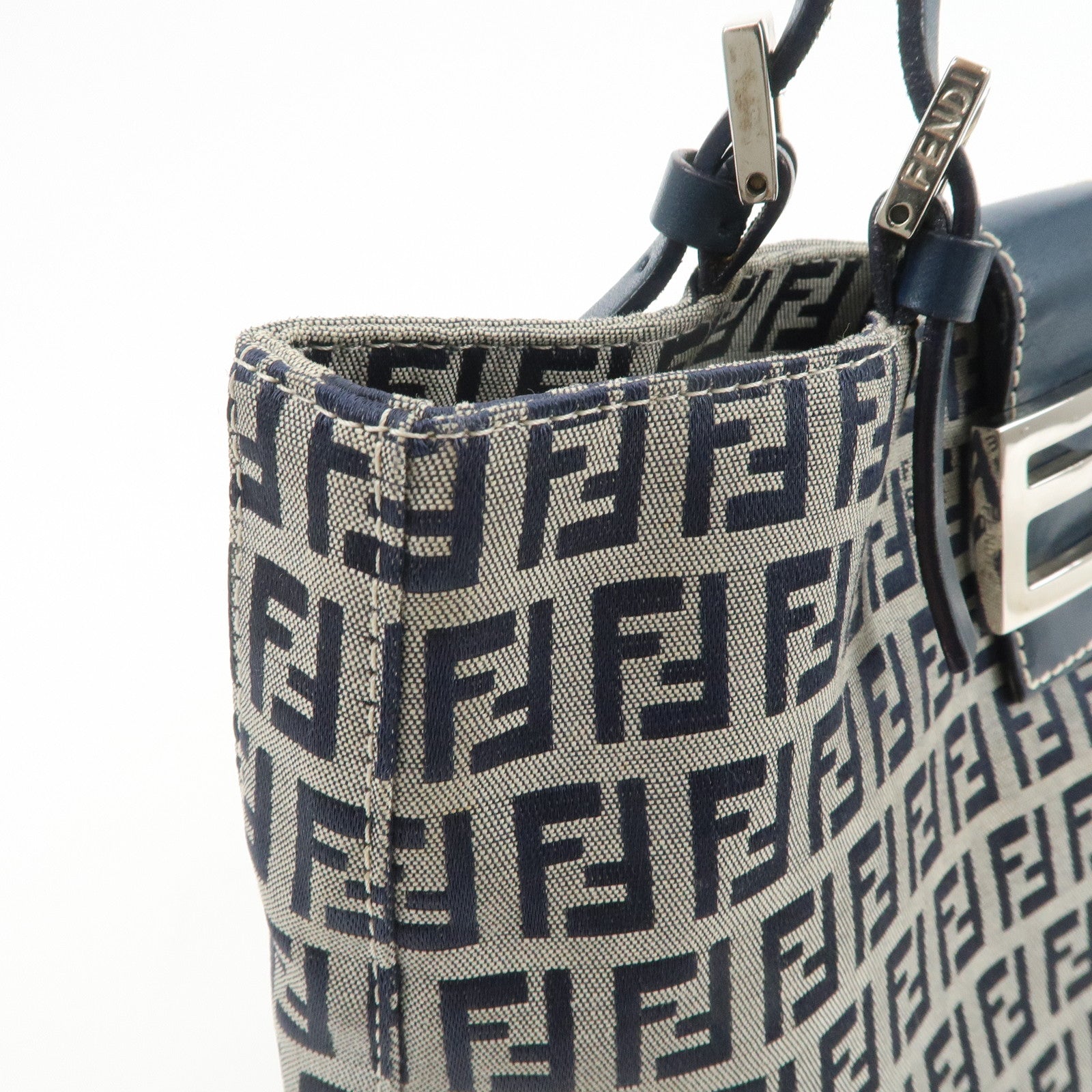 FENDI Zucchino Canvas Leather Tote Bag Shoulder Bag Navy Gray