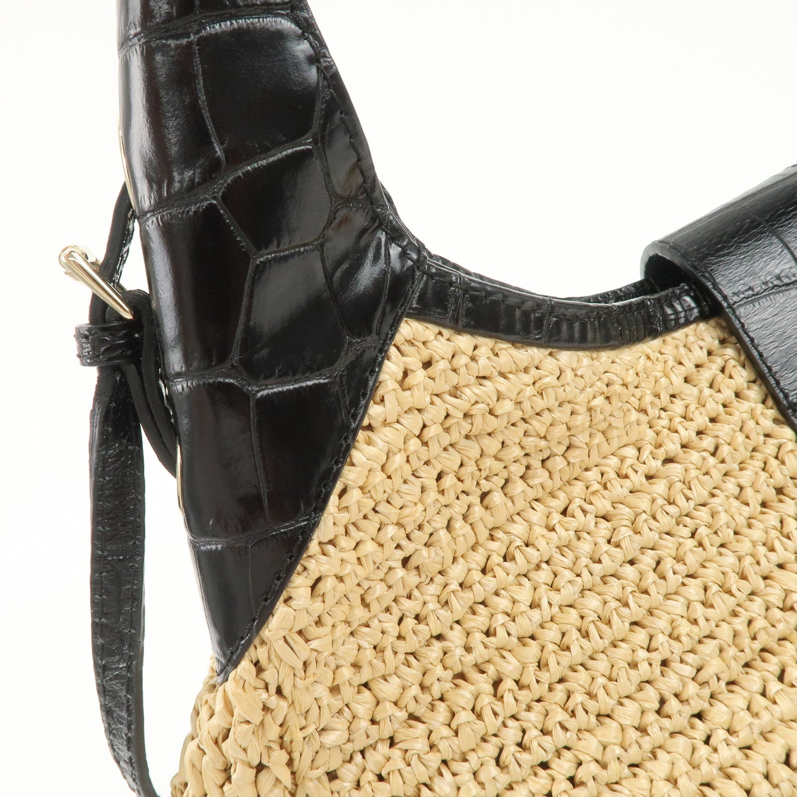JIMMY CHOO Raffia Embossed Leather One Shoulder Bag Natural Black