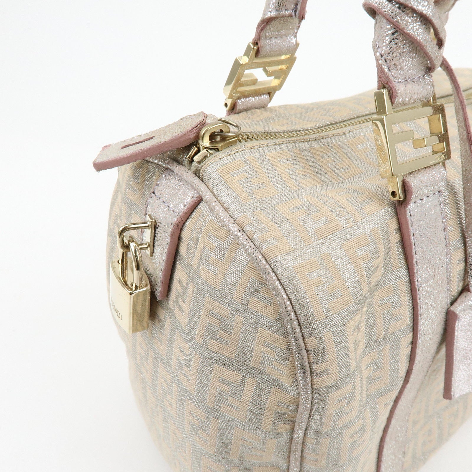 FENDI Zucchino Canvas Leather Mini Boston Bag Silver Beige 8BL068