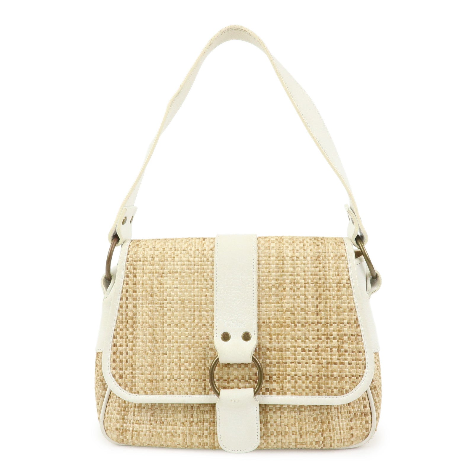 Chloe Raffia Leather Shoulder Bag Hand Bag Natural White