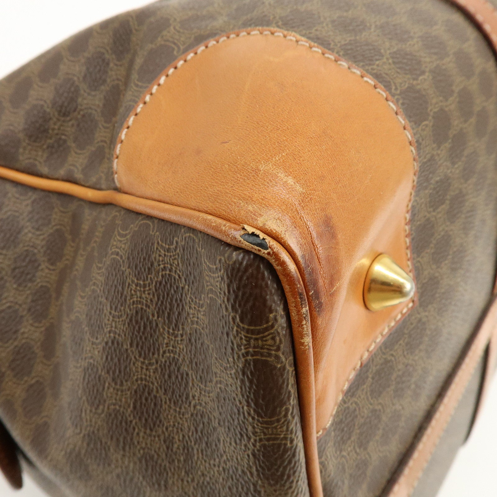CELINE Macadam PVC Coated Canvas Leather Boston Bag Hand Bag Brown
