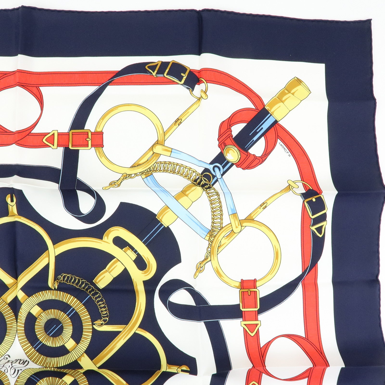 HERMES Carre 90 Silk 100% Scarf  Eperon d'or Navy White Yellow Red