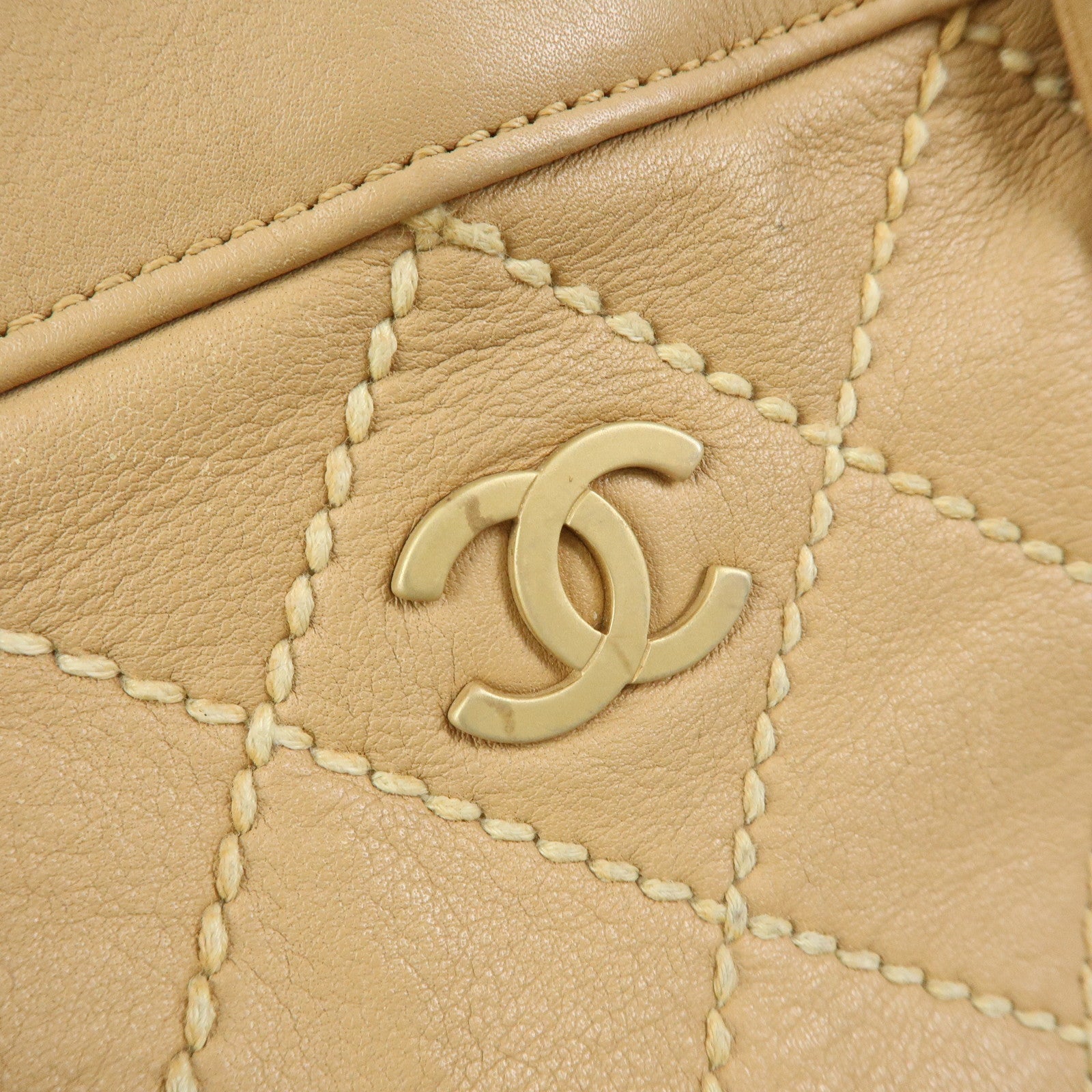 CHANEL Wild Stitch Calf Leather Boston Bag Hand Bag Beige