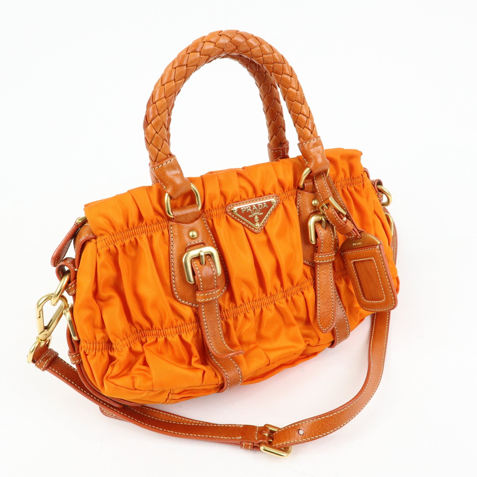 PRADA Triangle Logo Nylon Leather 2Way Bag Hand Bag Orange