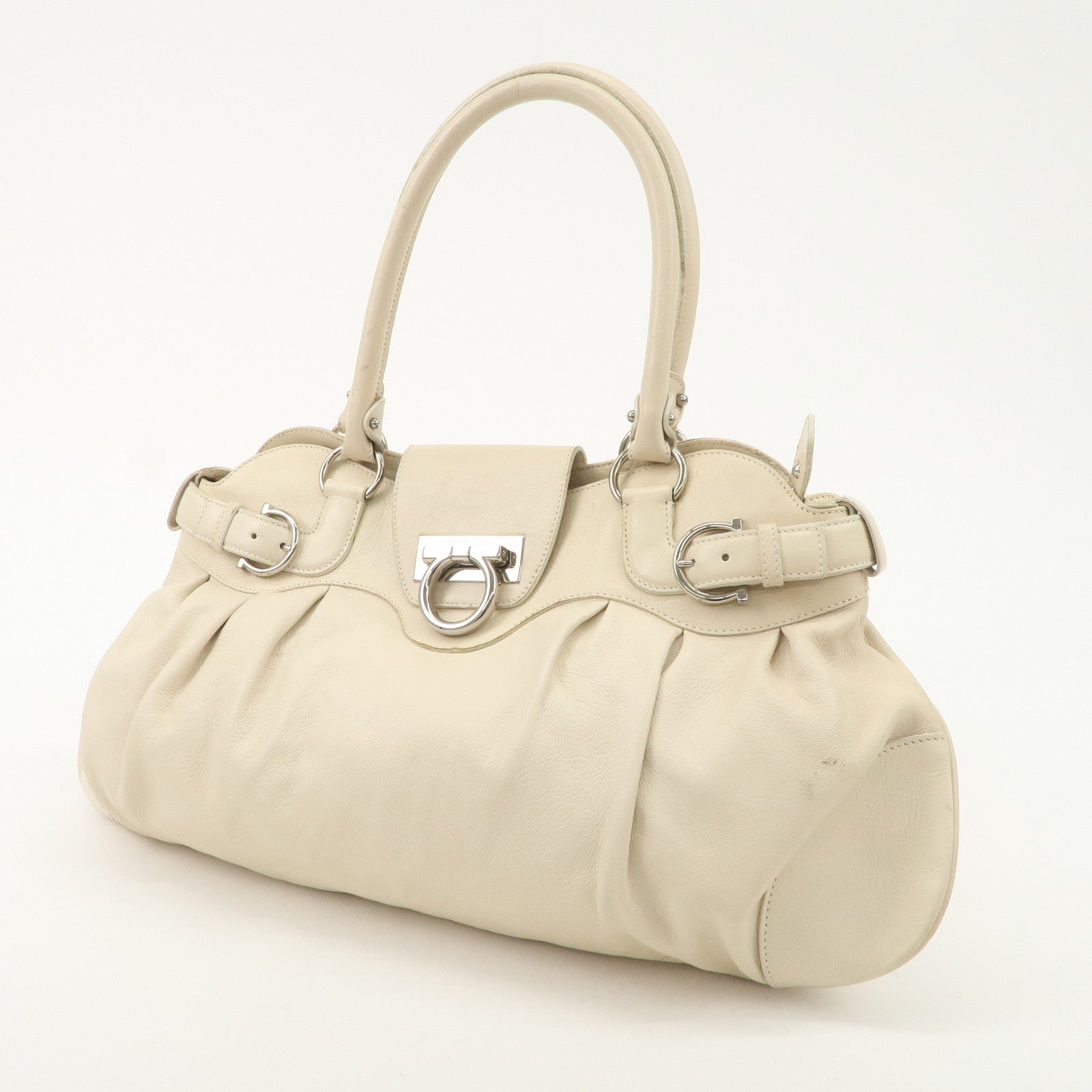 Ferragamo Gancini Leather Shoulder Bag Hand Bag Ivory Silver Hardware Used