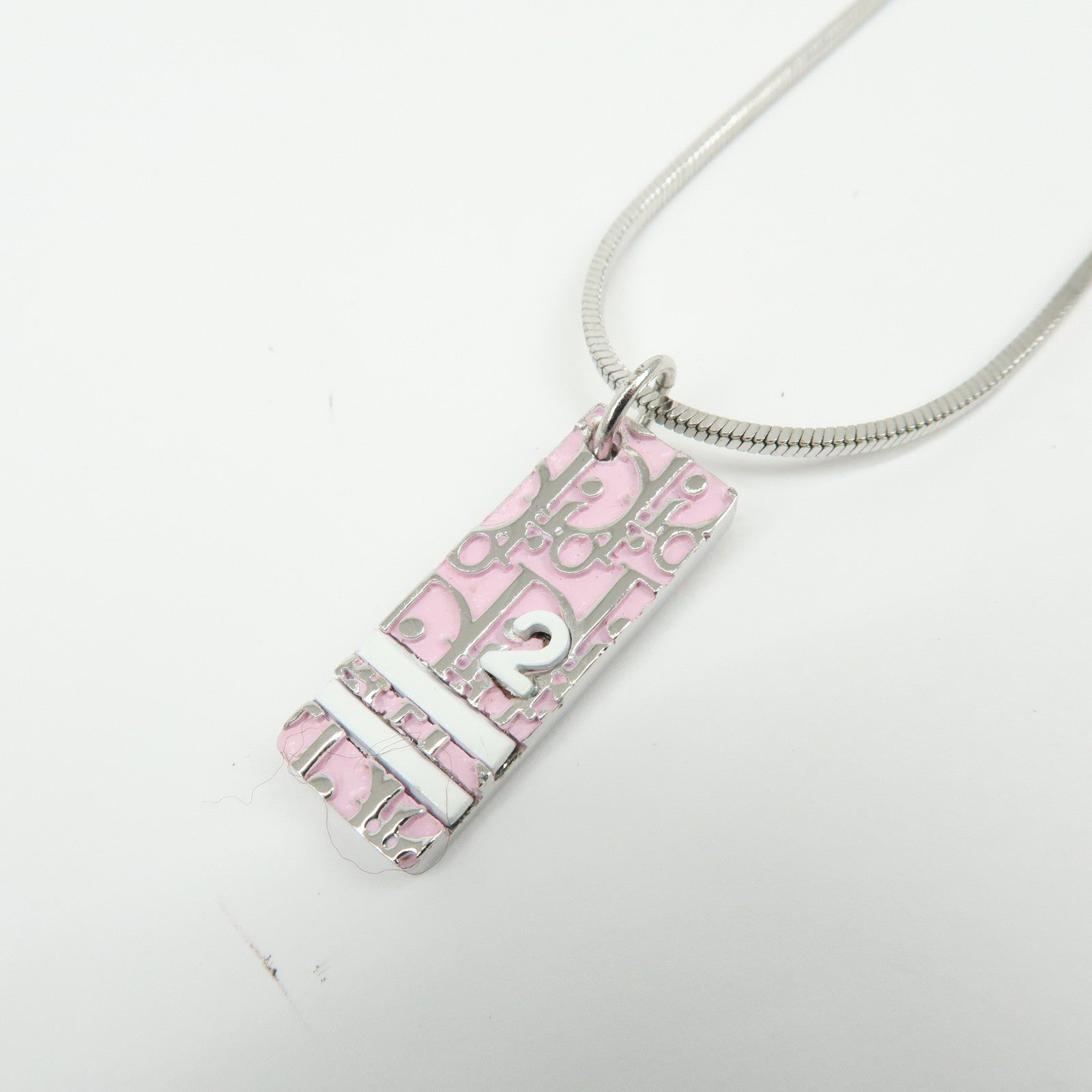 Christian Dior Logo Trotter Metal Necklace Pink Silver