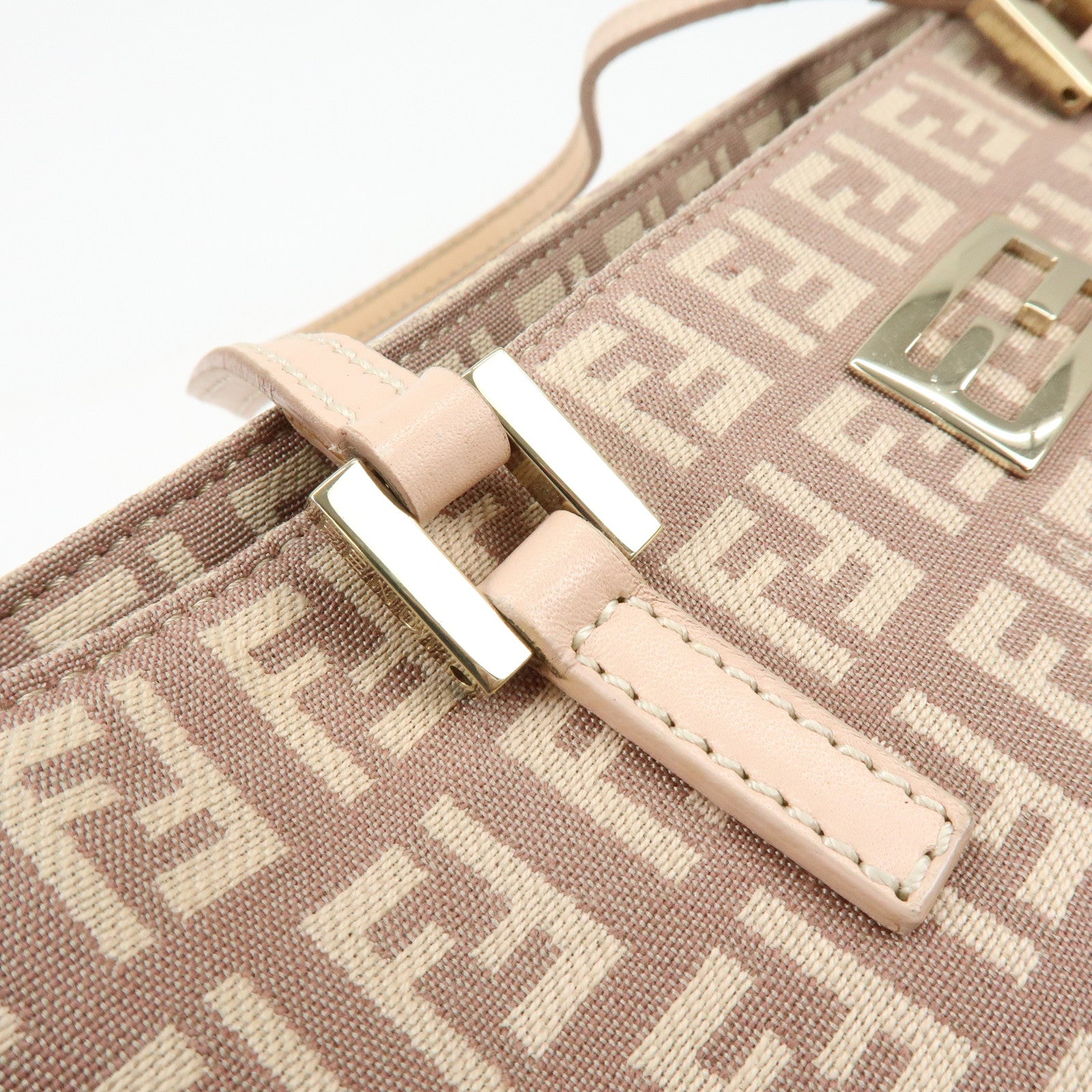 FENDI Zucchino Canvas Leather Hand Bag Tote Bag Pink Beige 8BH132
