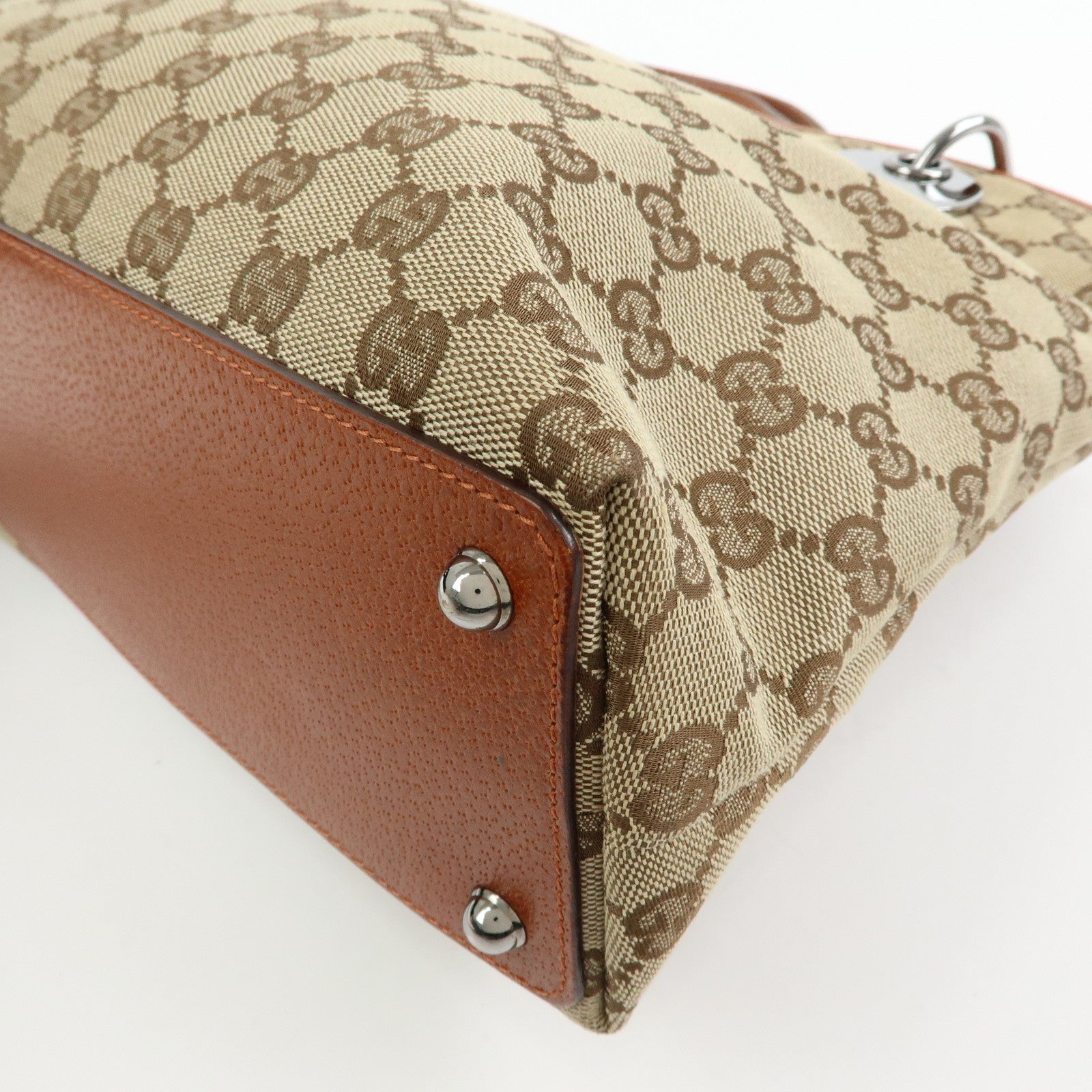 GUCCI GG Canvas Leather Tote Bag Shoulder Bag Beige Camel 120837