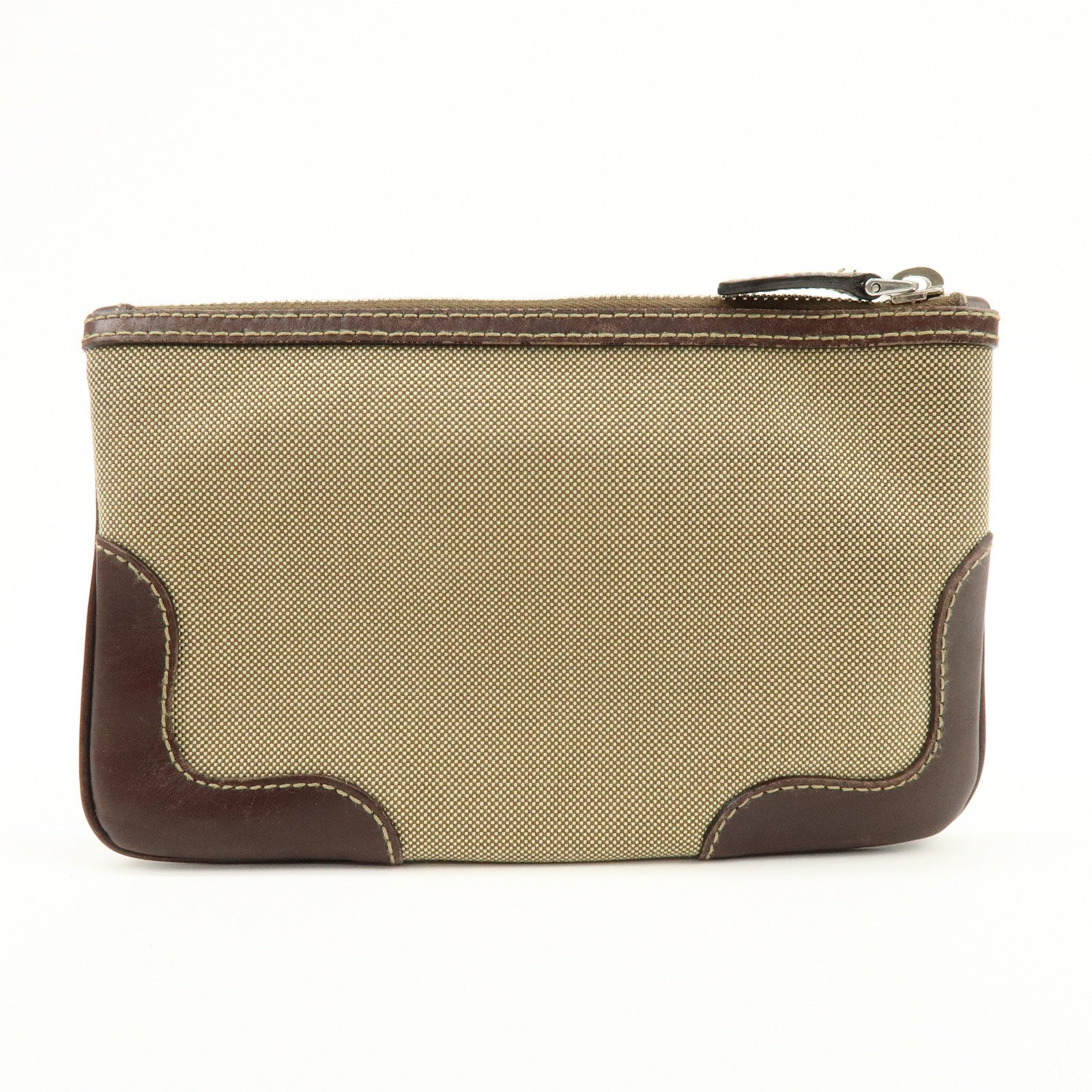 PRADA Logo Jacquard Leather Pouch Cosmetic Case Beige Brown