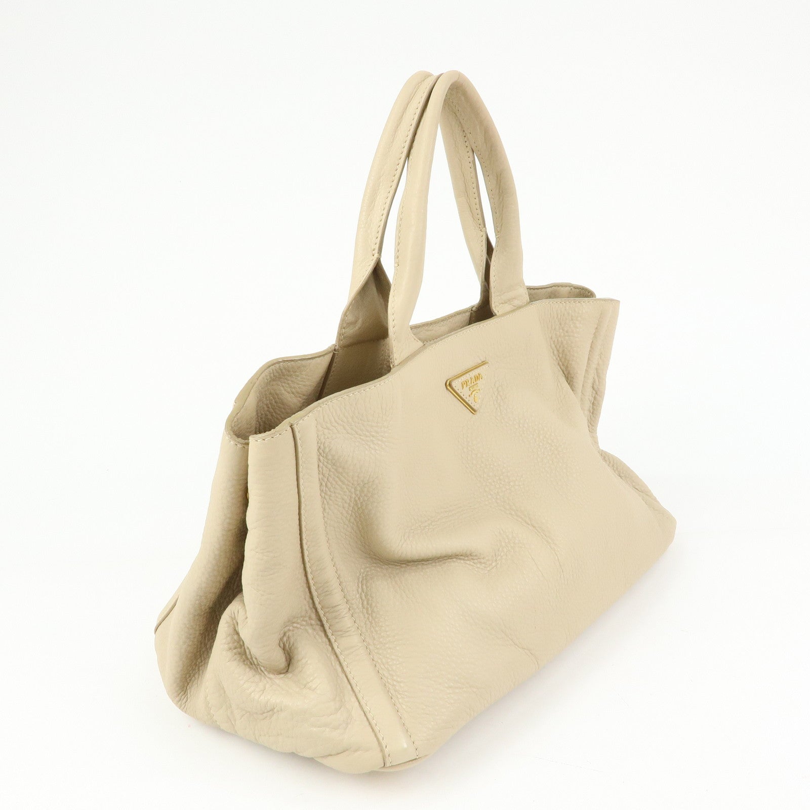 PRADA Triangle Logo Canapa Vittello Daino Leather Hand Bag Beige