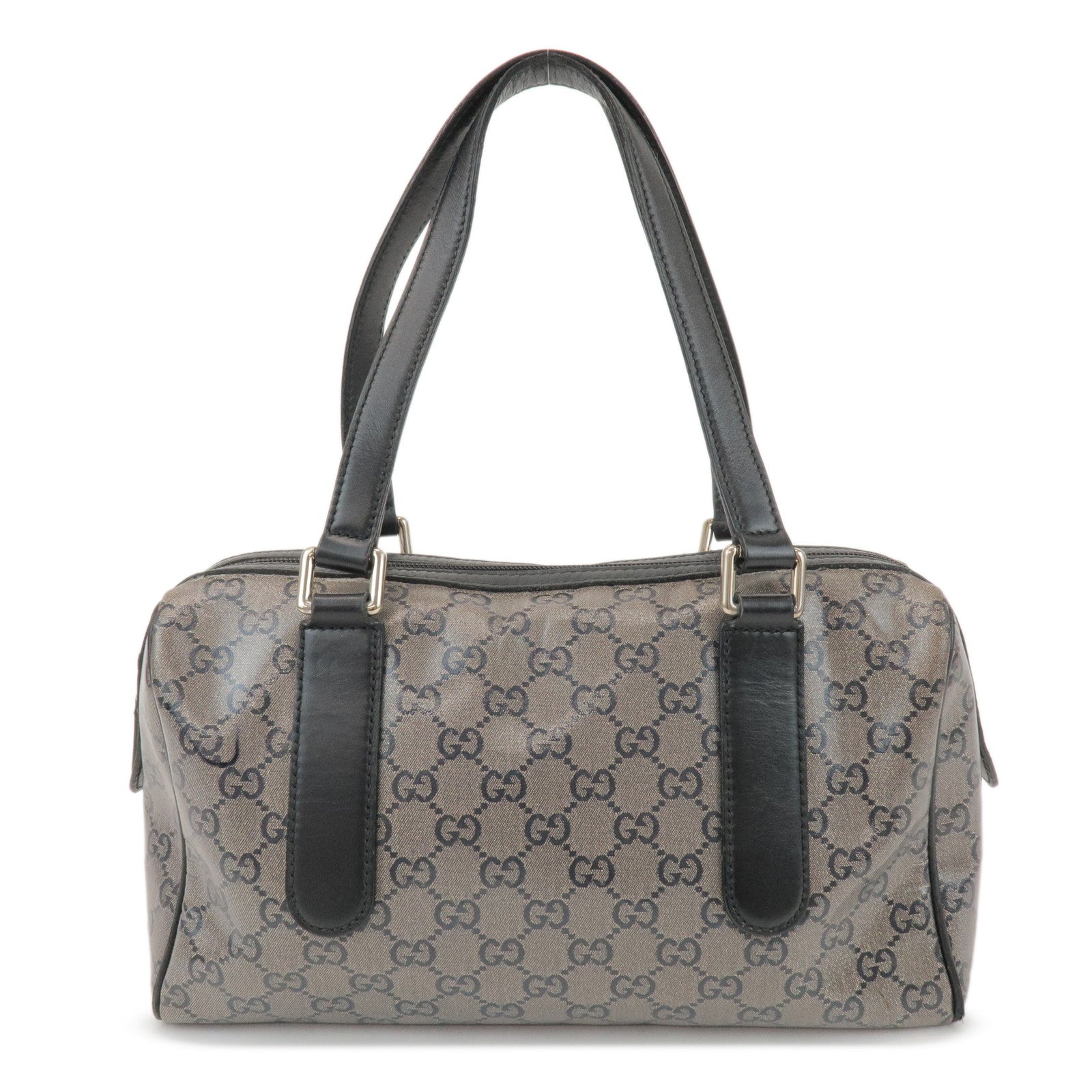 GUCCI GG Crystal Leather Boston Bag Hand Bag Silver Black 257289