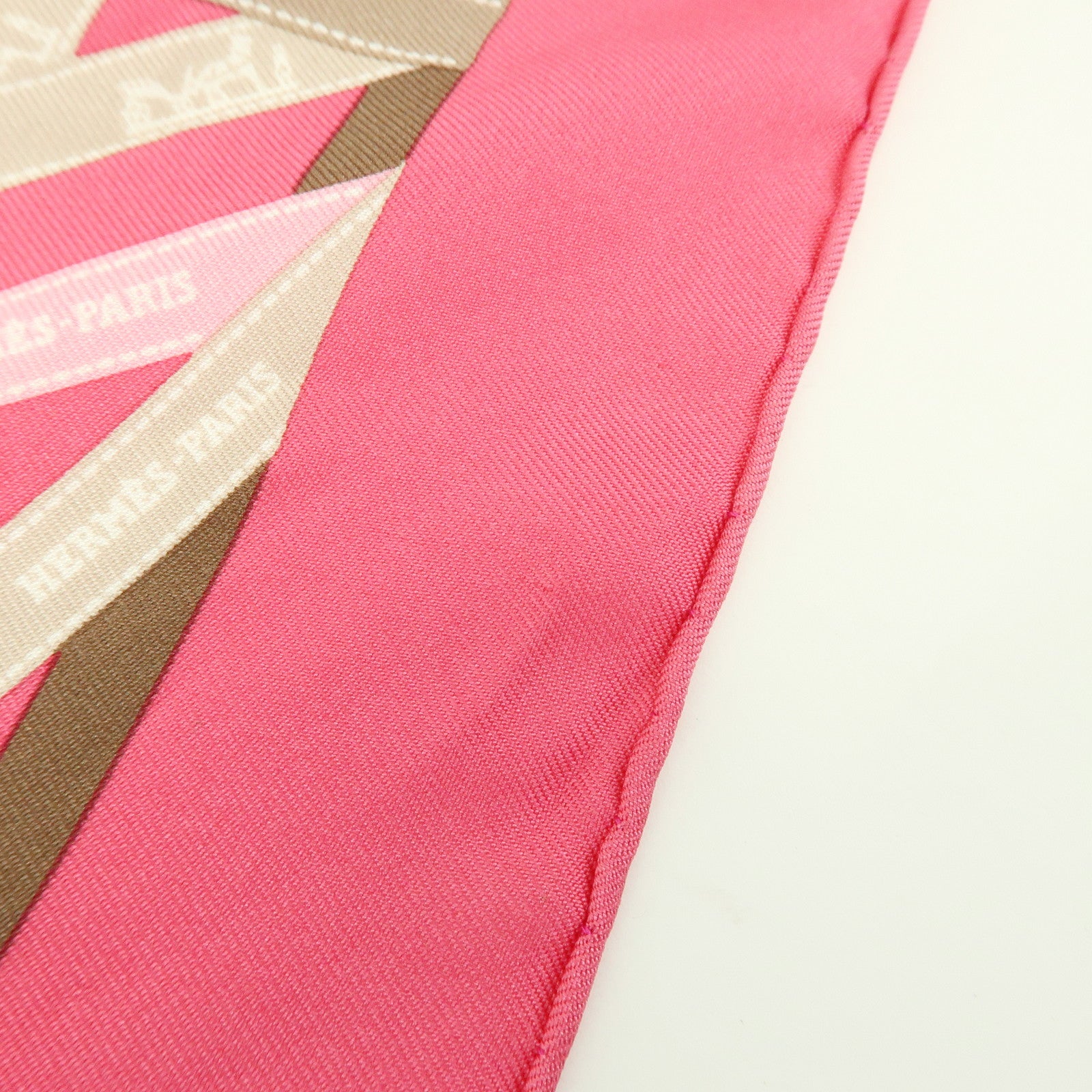 HERMES Pointu Silk 100% Scarf Ribbon Print Pink Beige