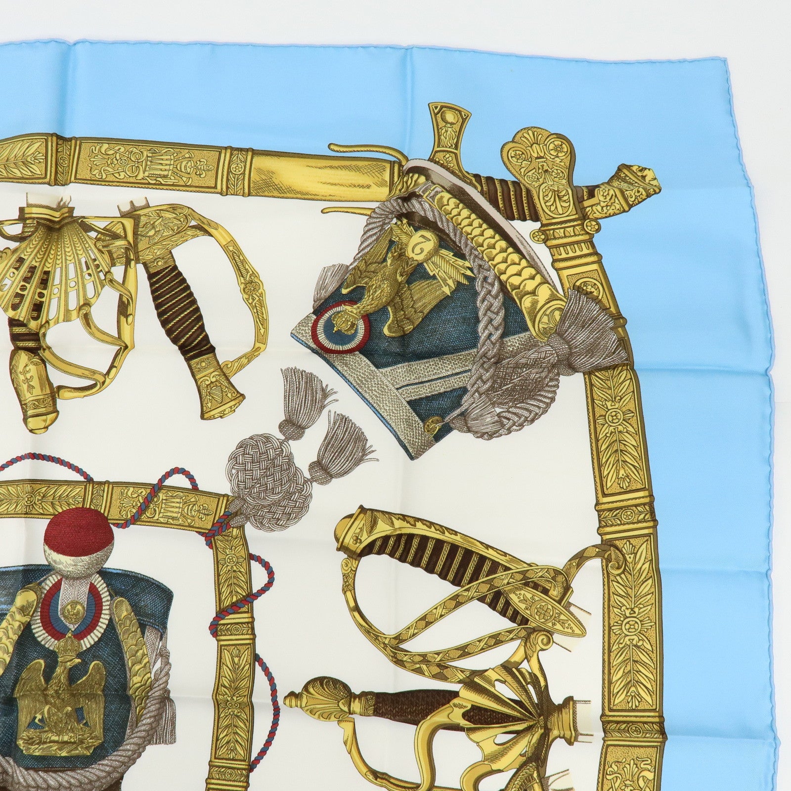 HERMES Carre 90 Silk 100% Scarf GRANDUNIFORM Light Blue Gold