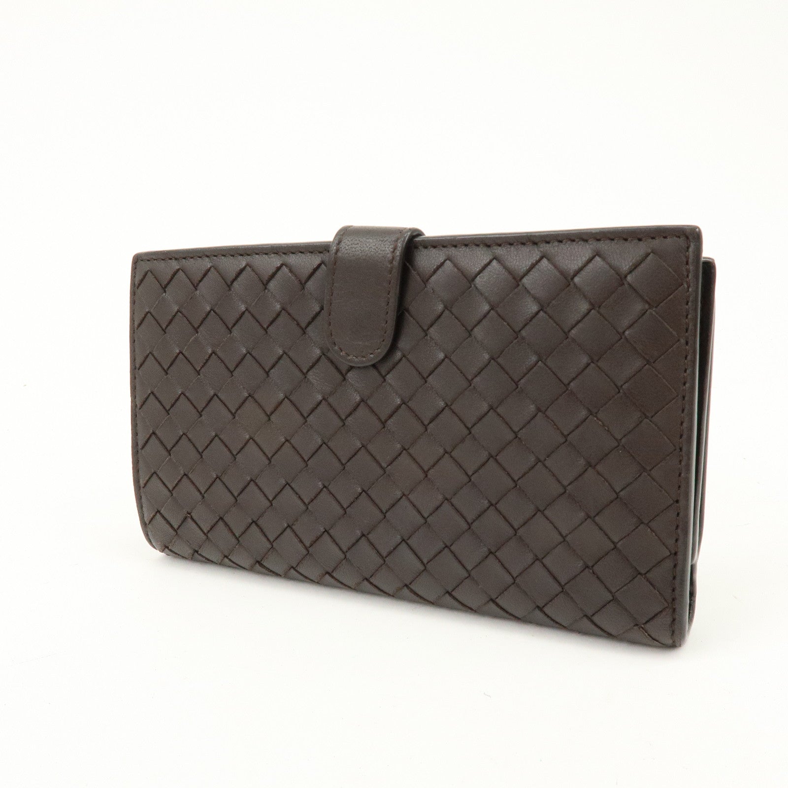 BOTTEGA VENETA Intrecciato Leather Bi-fold Long Wallet Dark Brown