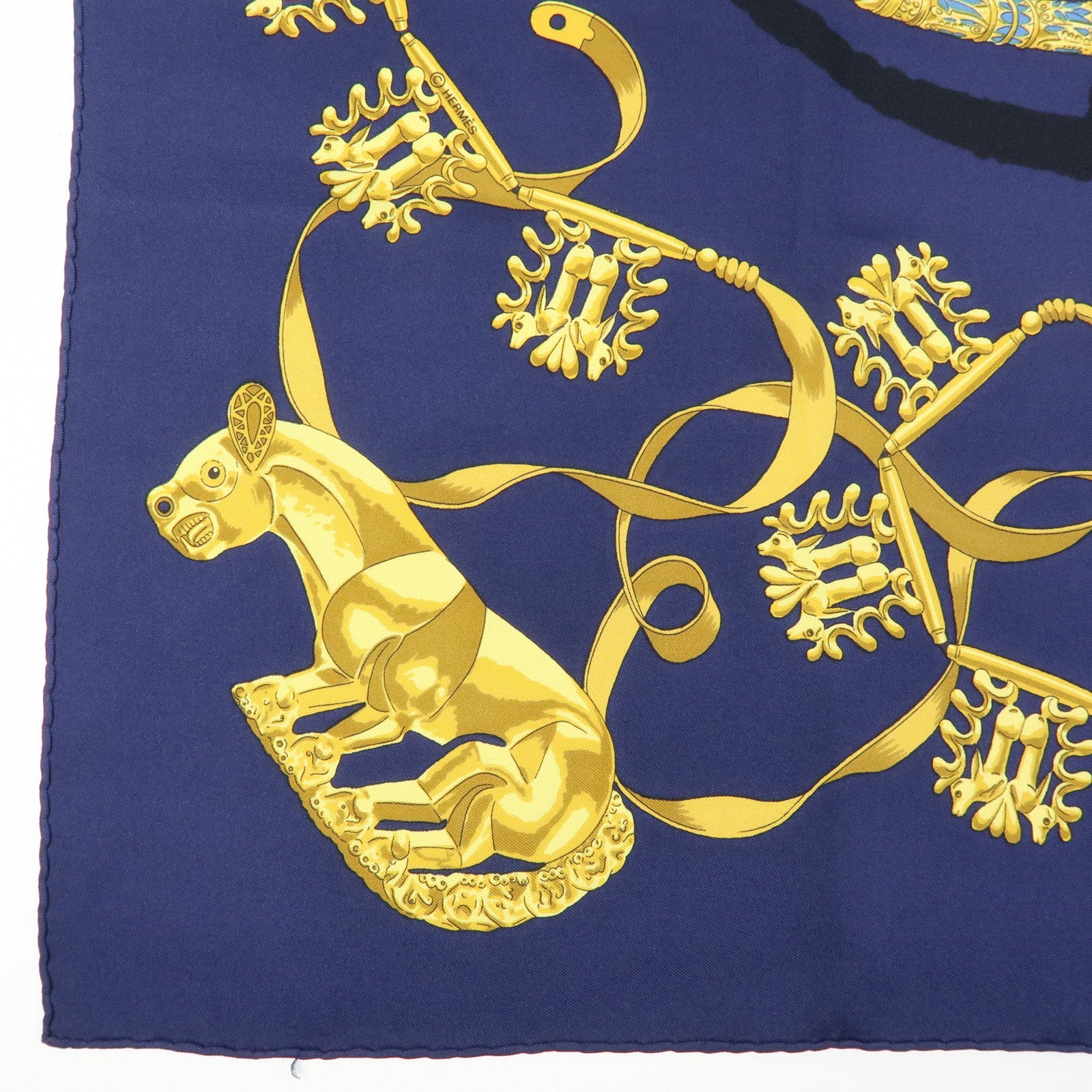 HERMES Carre 90 Silk 100% Scarf LES CAVALIERS D'OR Navy Yellow