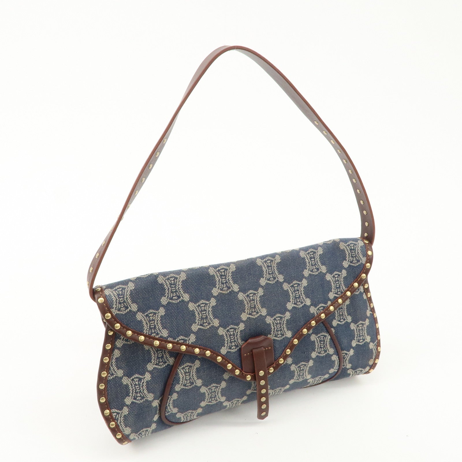 CELINE Macadam Studs Denim Leather Shoulder Bag Dark Brown Navy Used