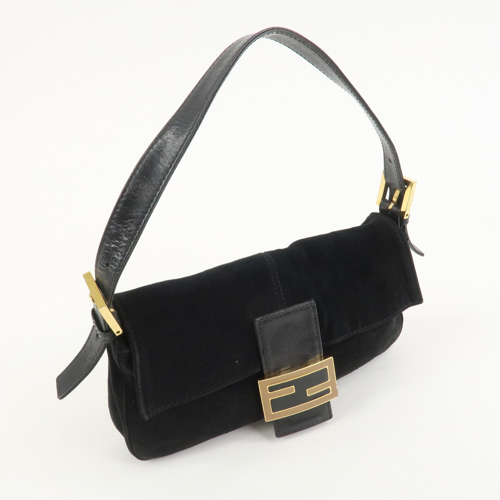 FENDI Mamma Baguette Logo Suede Shoulder Bag Black 26424