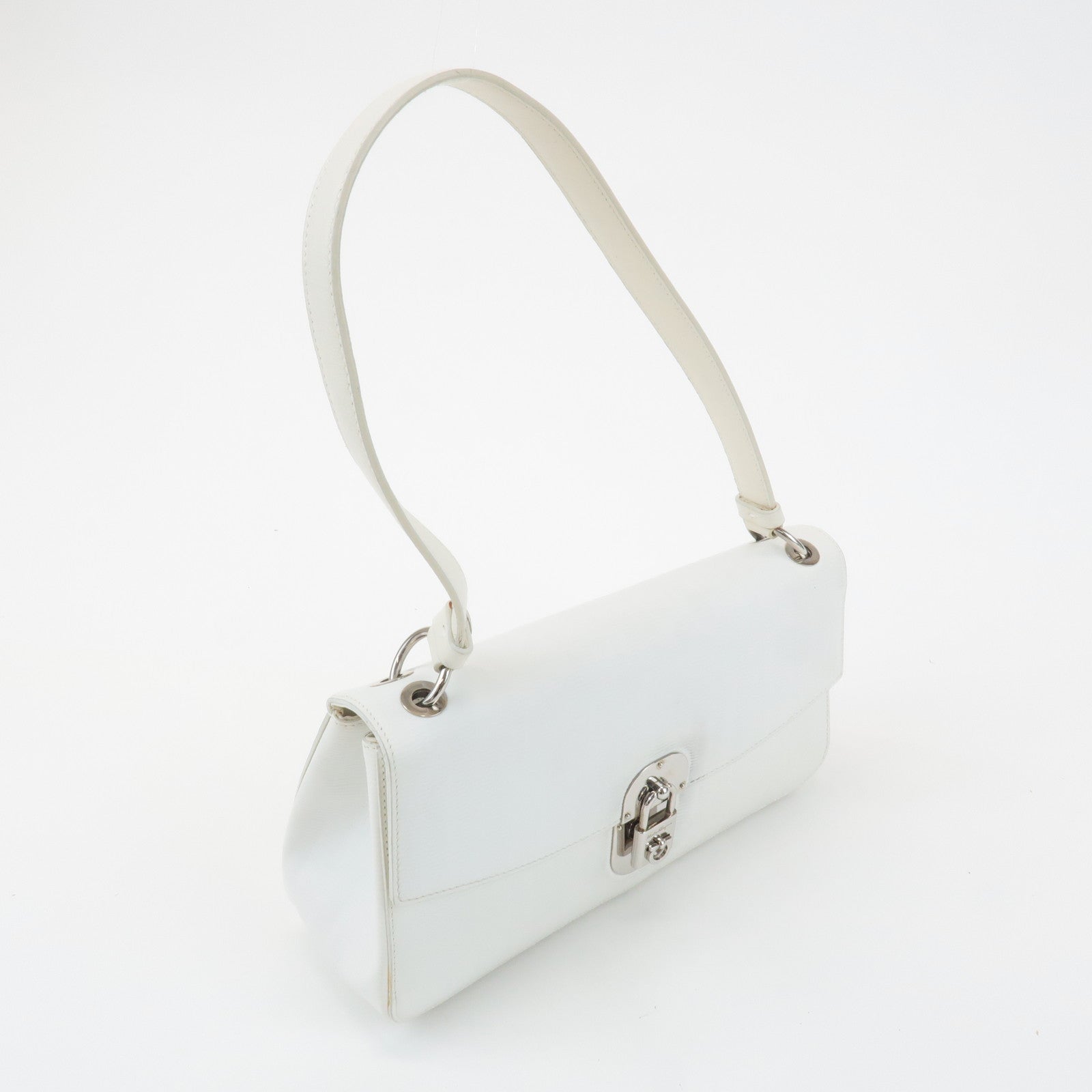 Ferragamo Gancini  Leather Shoulder Bag White Silver HDW Used