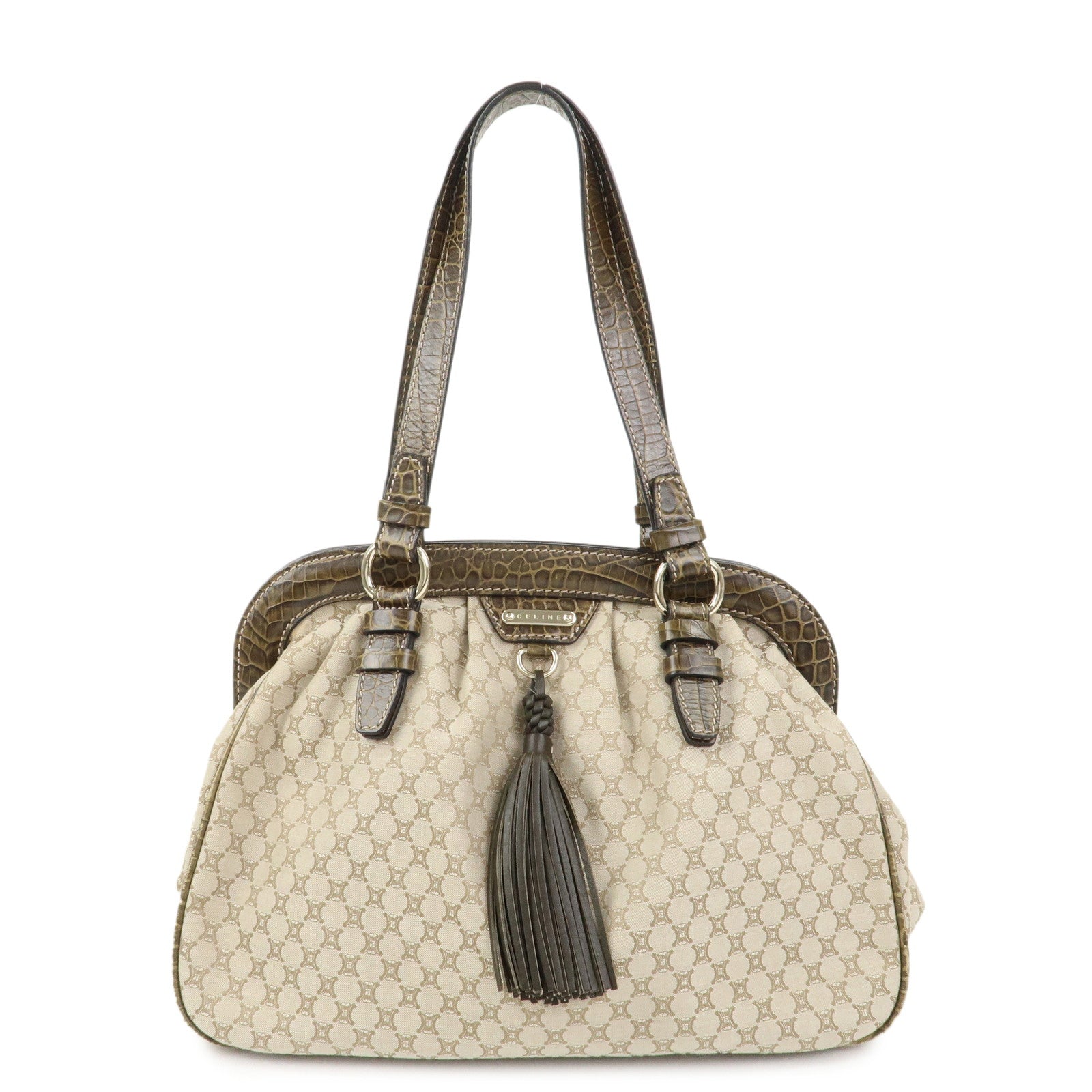 CELINE Macadam Canvas Leather Shoulder Bag Hand Bag Beige