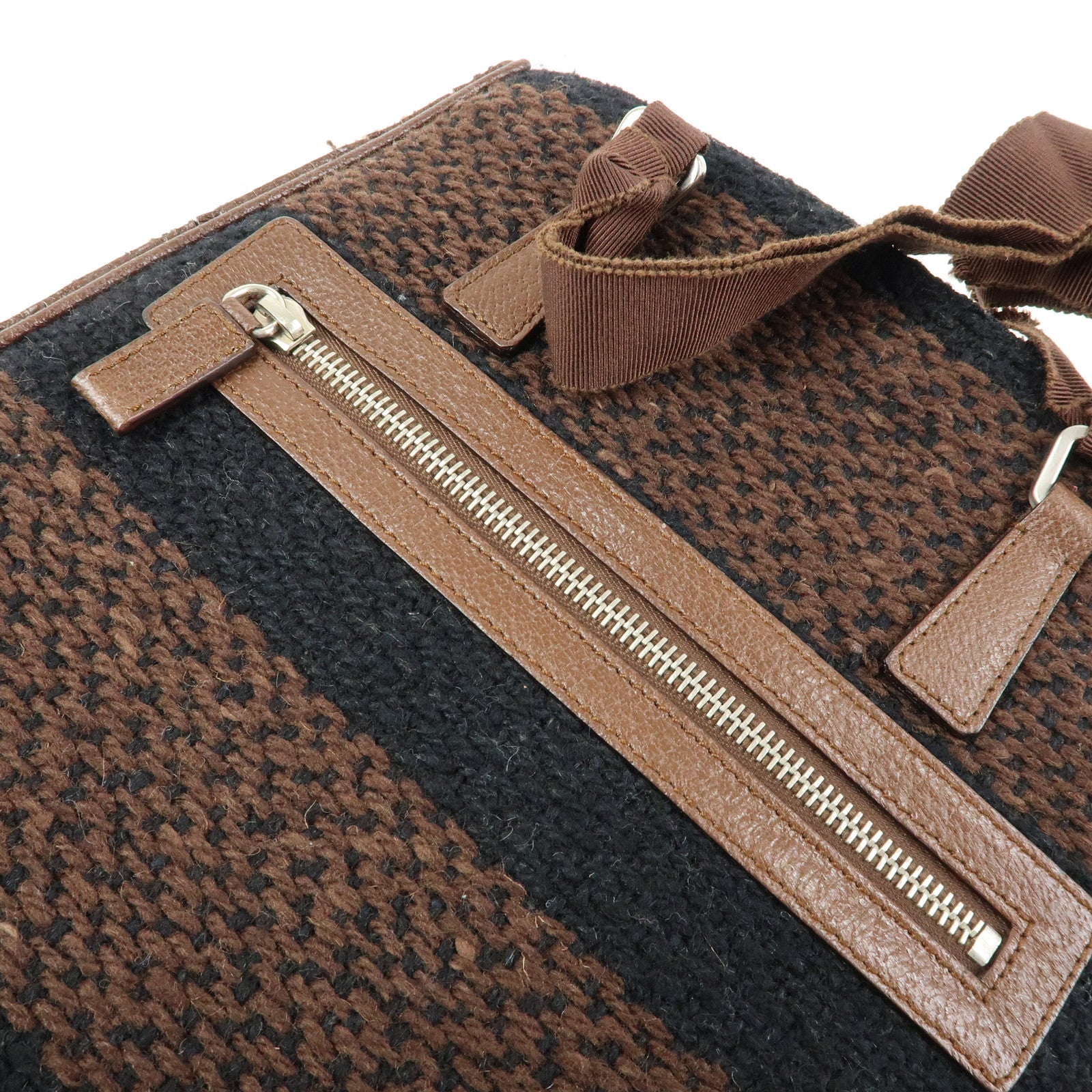 PRADA Triangle Logo Tweed Canvas Hand Bag Brown Black B11268